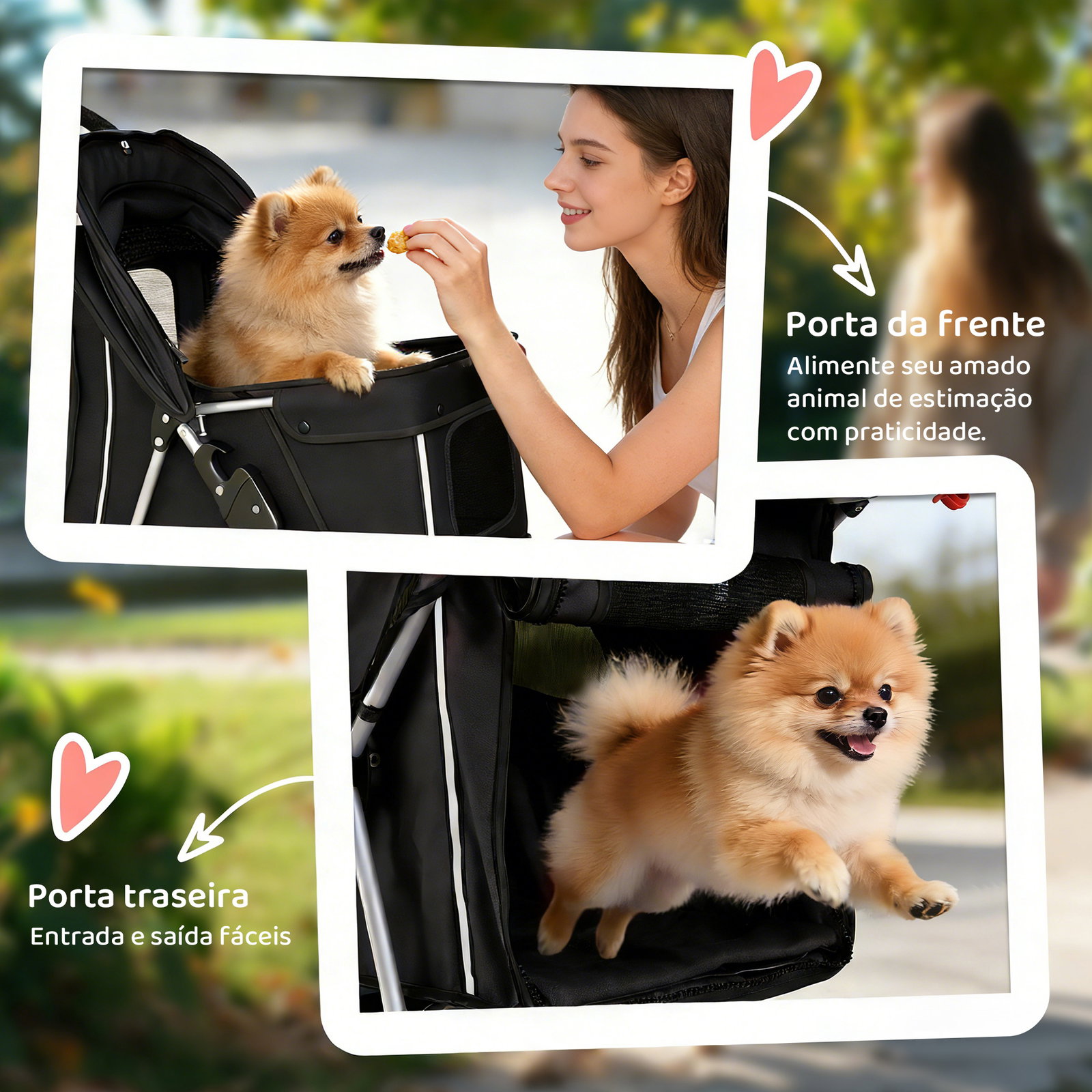 Carrinho dobrável para cães pequenos com cesta de armazenamento suportes para copos rodas e almofada lavável 77x44x102 cm preto