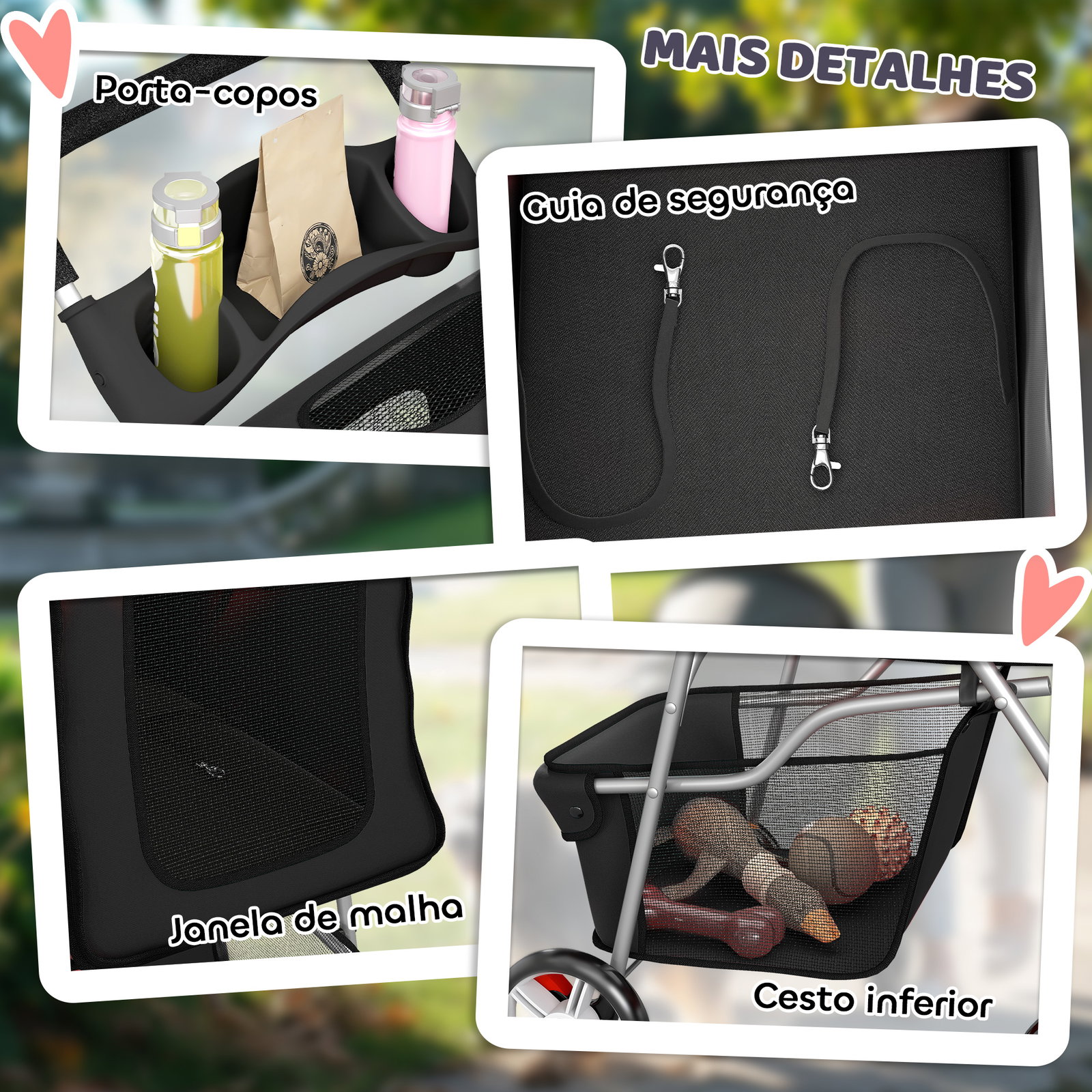 Carrinho dobrável para cães pequenos com cesta de armazenamento suportes para copos rodas e almofada lavável 77x44x102 cm preto