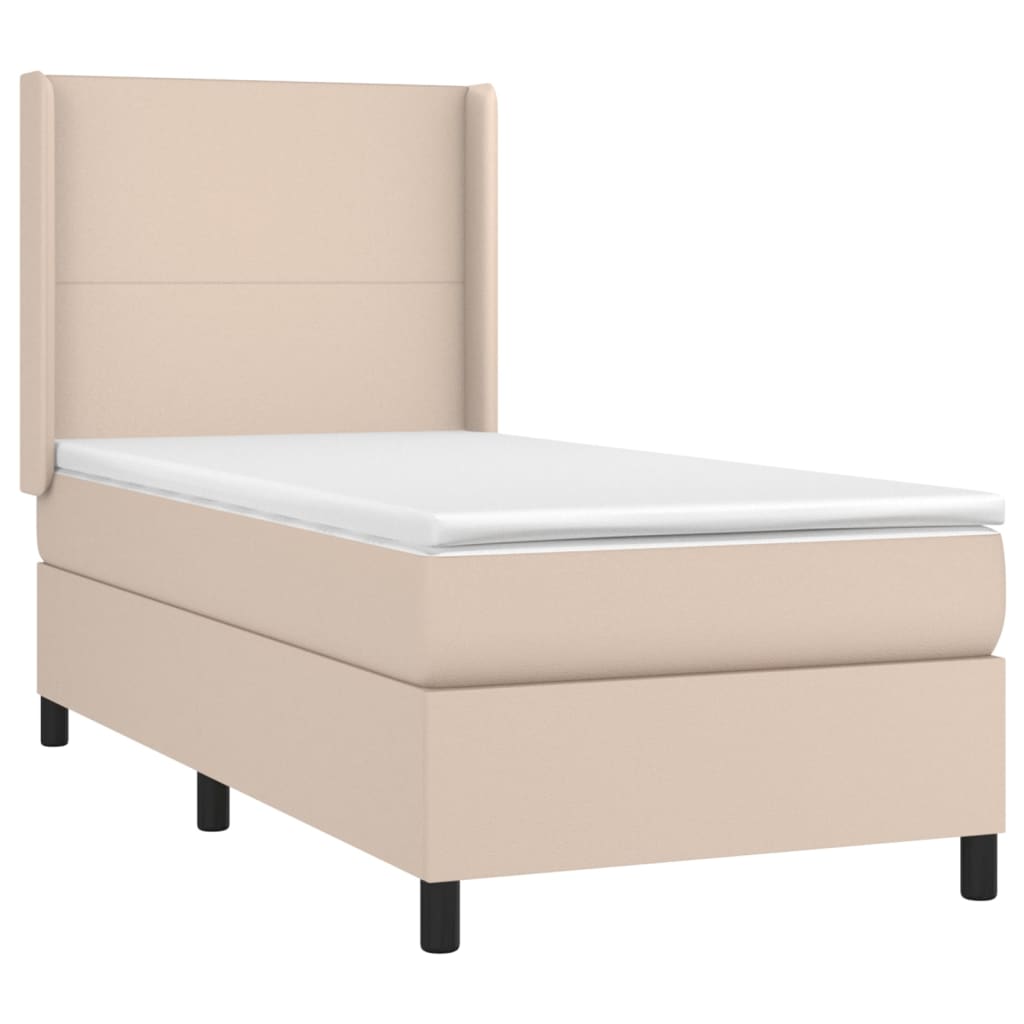 Cama box spring c/ colchão/LED 90x200cm couro artif. cappuccino