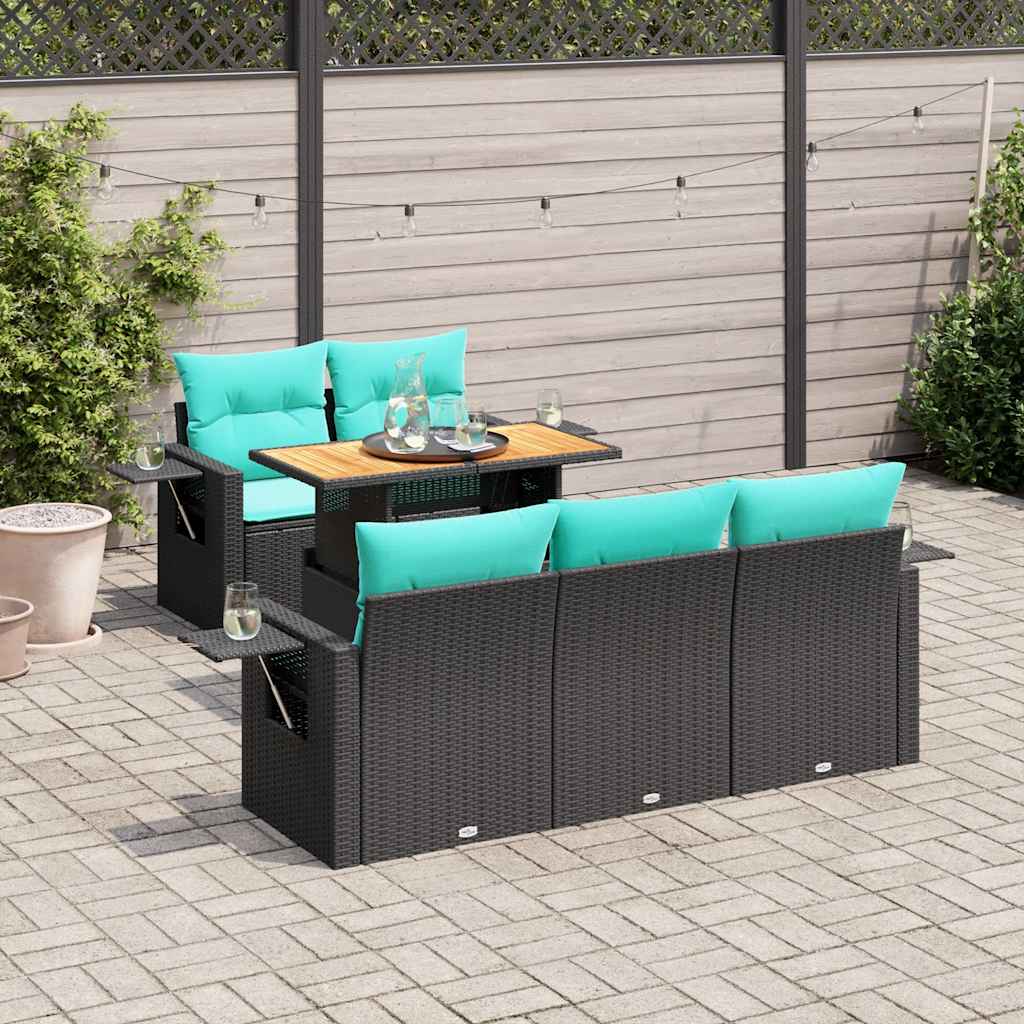 6 Pcs conjunto sofás de jardim c/ almofadões vime PE preto