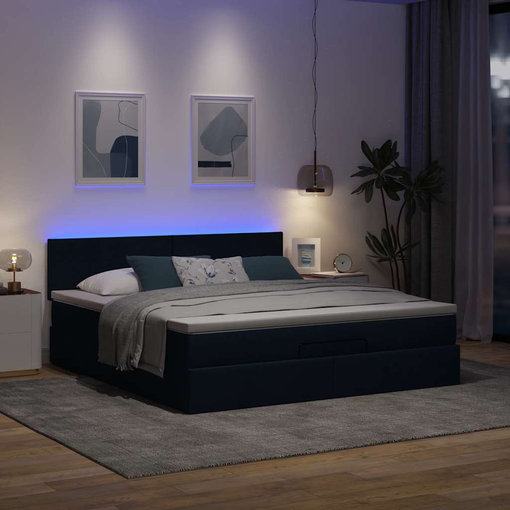Cama otomana com colchão & leds 180x200cm tecido azul