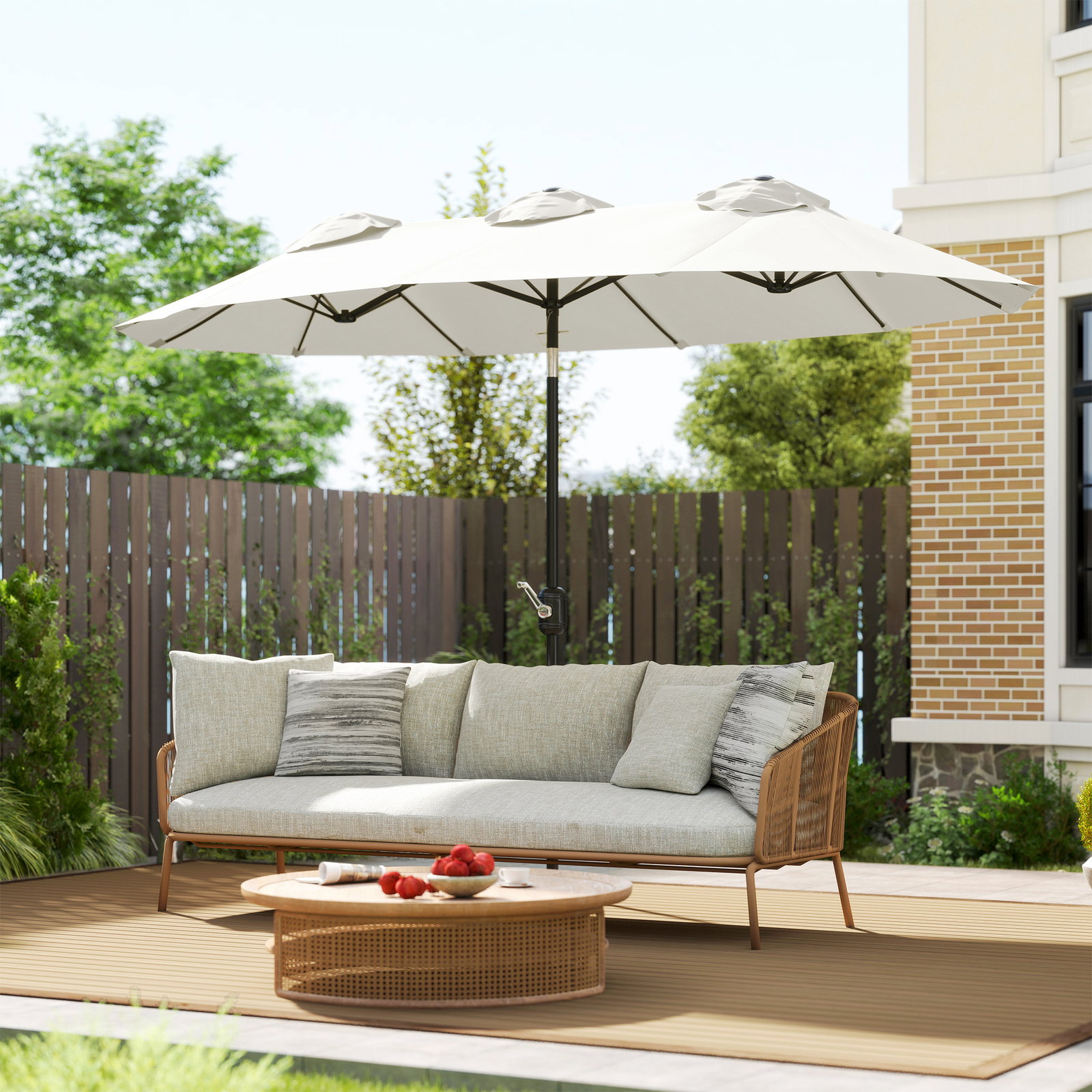 Chapéu de sol duplo chapéu de sol de jardim com inclinação de 45° manivela estrutura de aço 295x152x222 cm creme