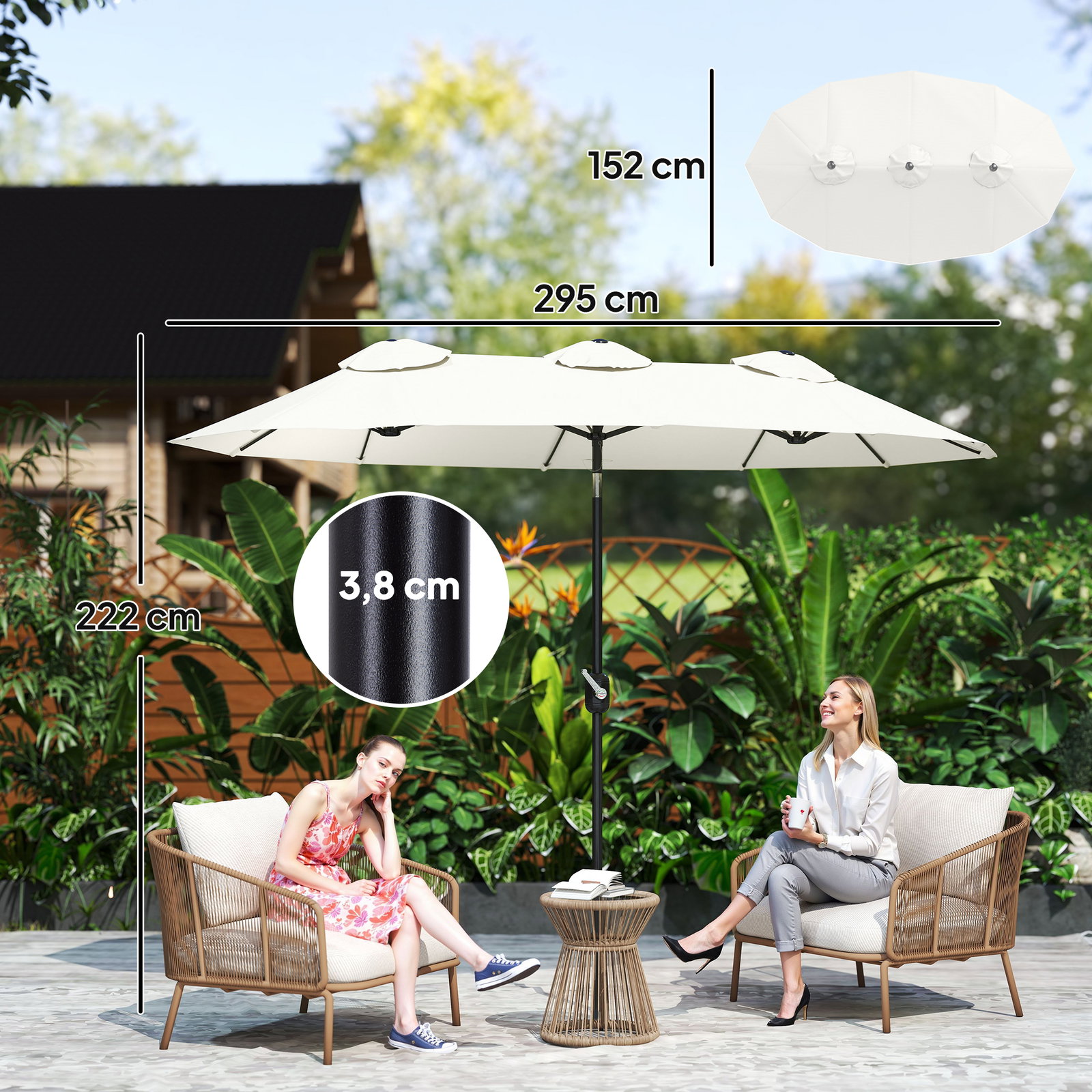 Chapéu de sol duplo chapéu de sol de jardim com inclinação de 45° manivela estrutura de aço 295x152x222 cm creme