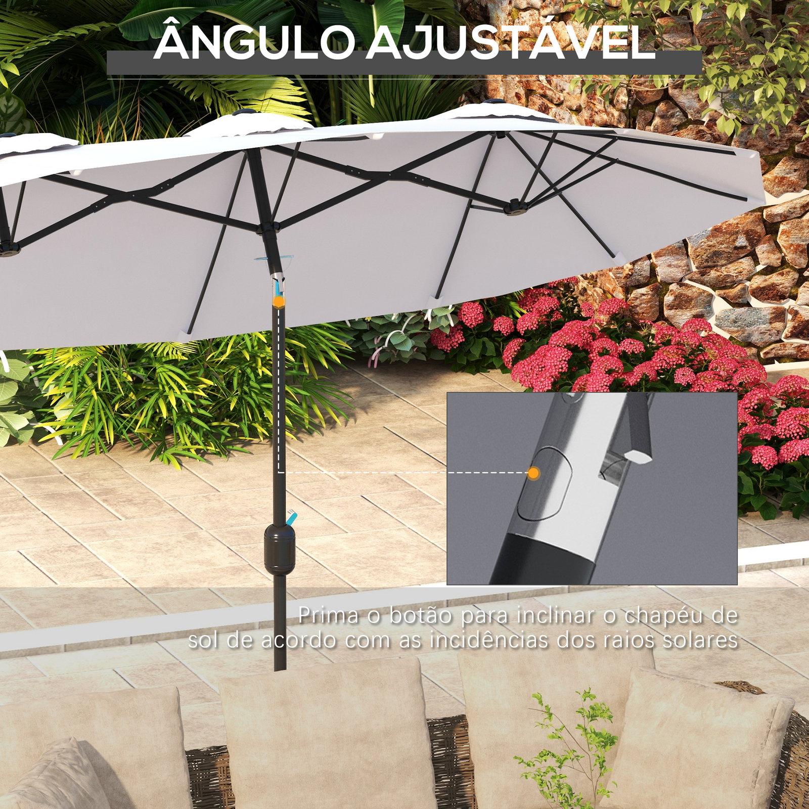 Chapéu de sol duplo chapéu de sol de jardim com inclinação de 45° manivela estrutura de aço 295x152x222 cm creme