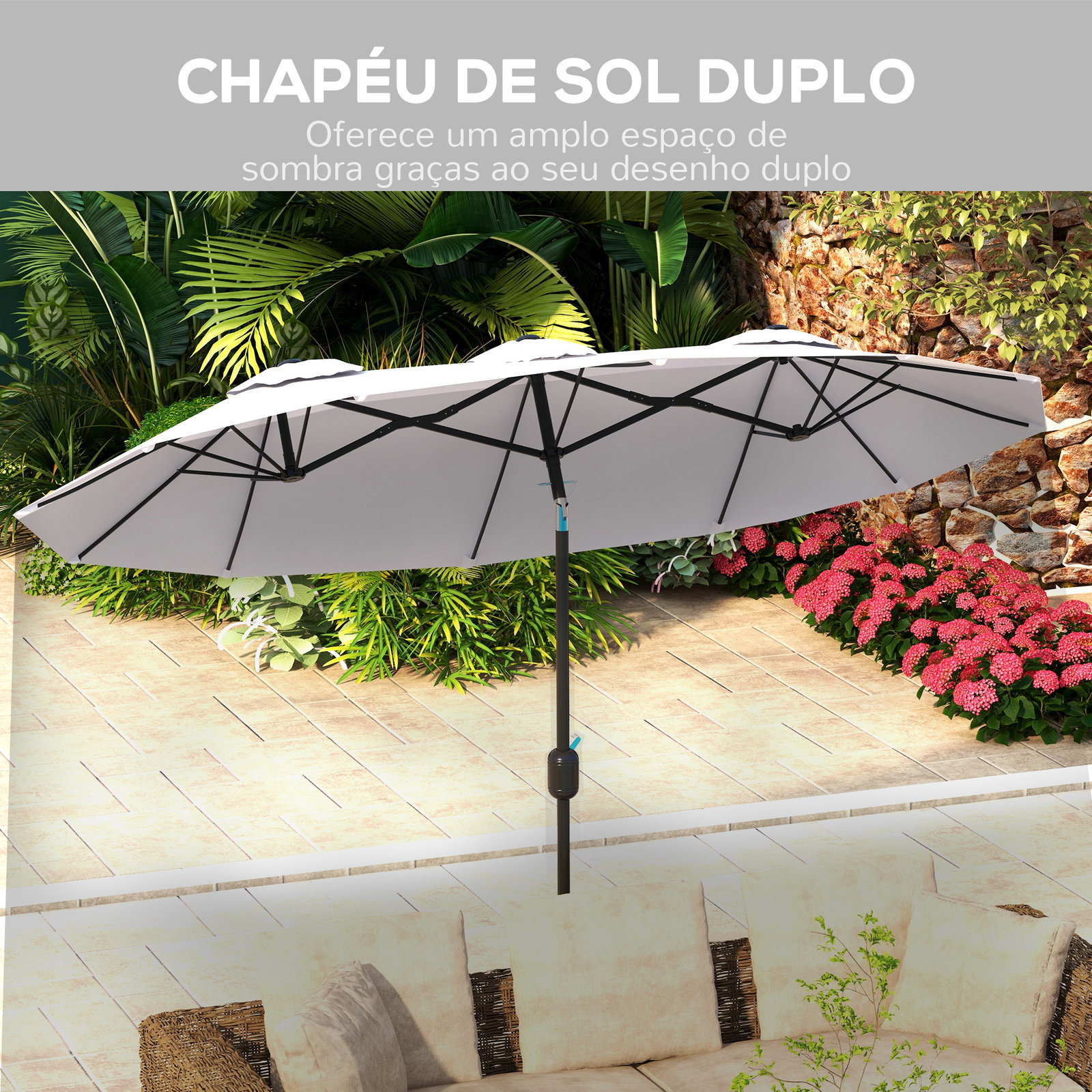 Chapéu de sol duplo chapéu de sol de jardim com inclinação de 45° manivela estrutura de aço 295x152x222 cm creme
