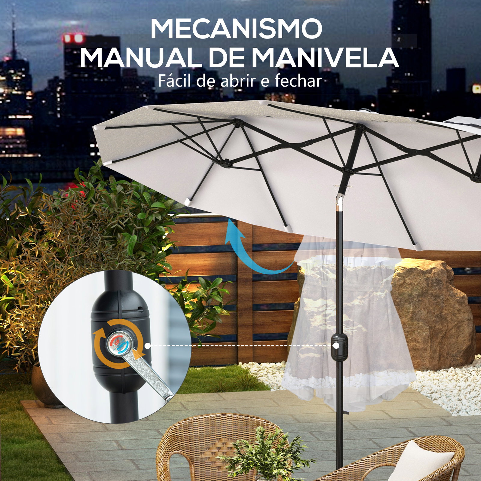 Chapéu de sol duplo chapéu de sol de jardim com inclinação de 45° manivela estrutura de aço 295x152x222 cm creme