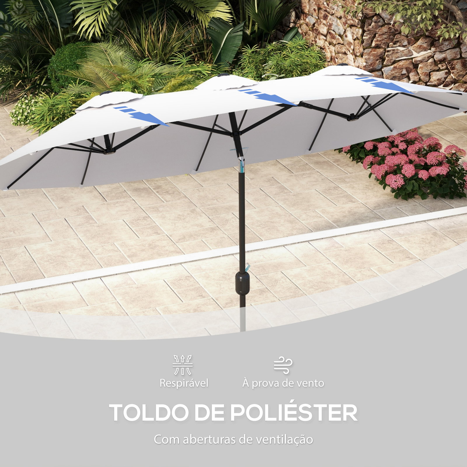 Chapéu de sol duplo chapéu de sol de jardim com inclinação de 45° manivela estrutura de aço 295x152x222 cm creme