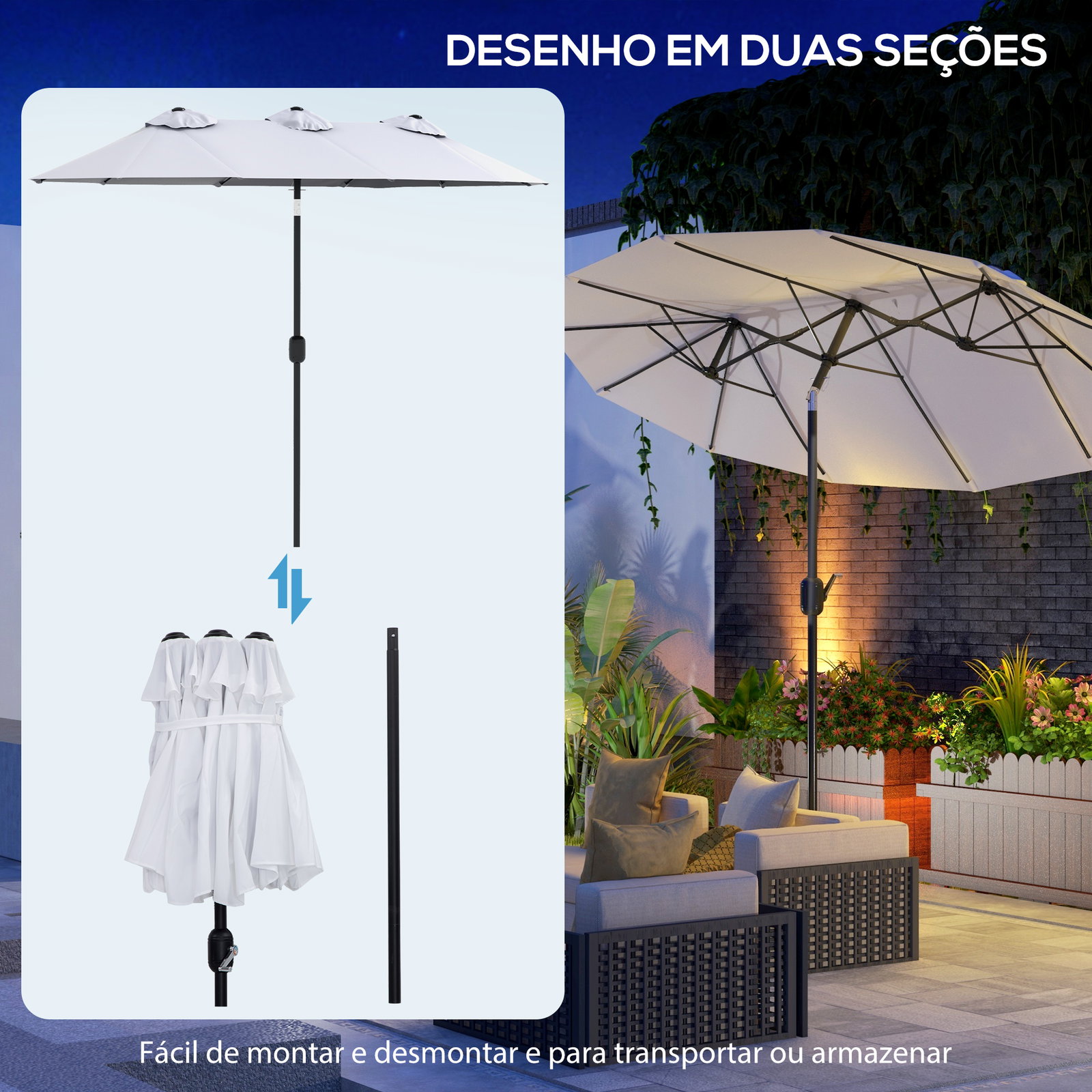 Chapéu de sol duplo chapéu de sol de jardim com inclinação de 45° manivela estrutura de aço 295x152x222 cm creme