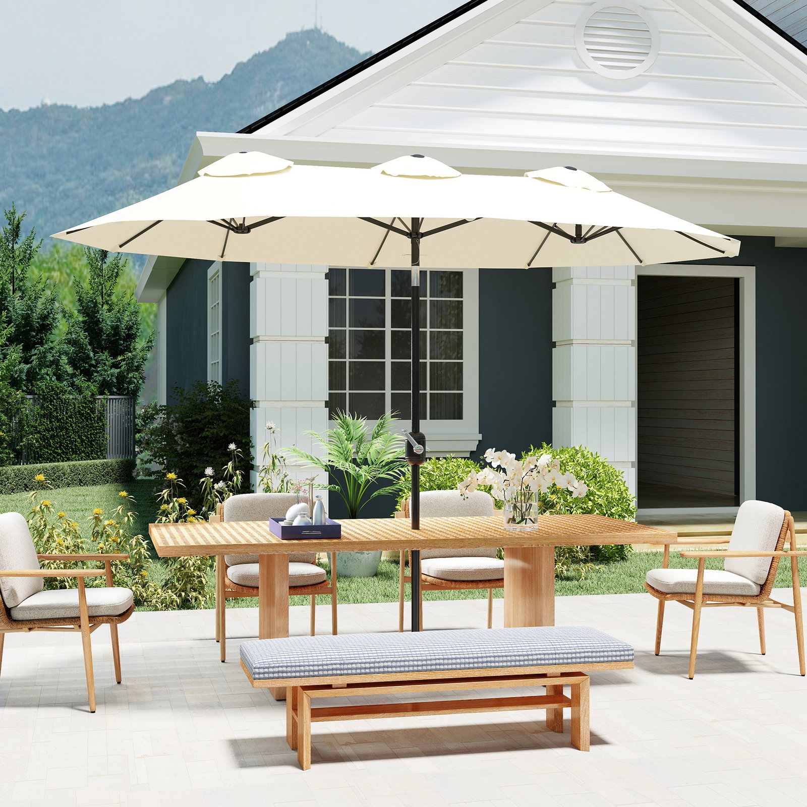 Chapéu de sol duplo chapéu de sol de jardim com inclinação de 45° manivela estrutura de aço 295x152x222 cm creme