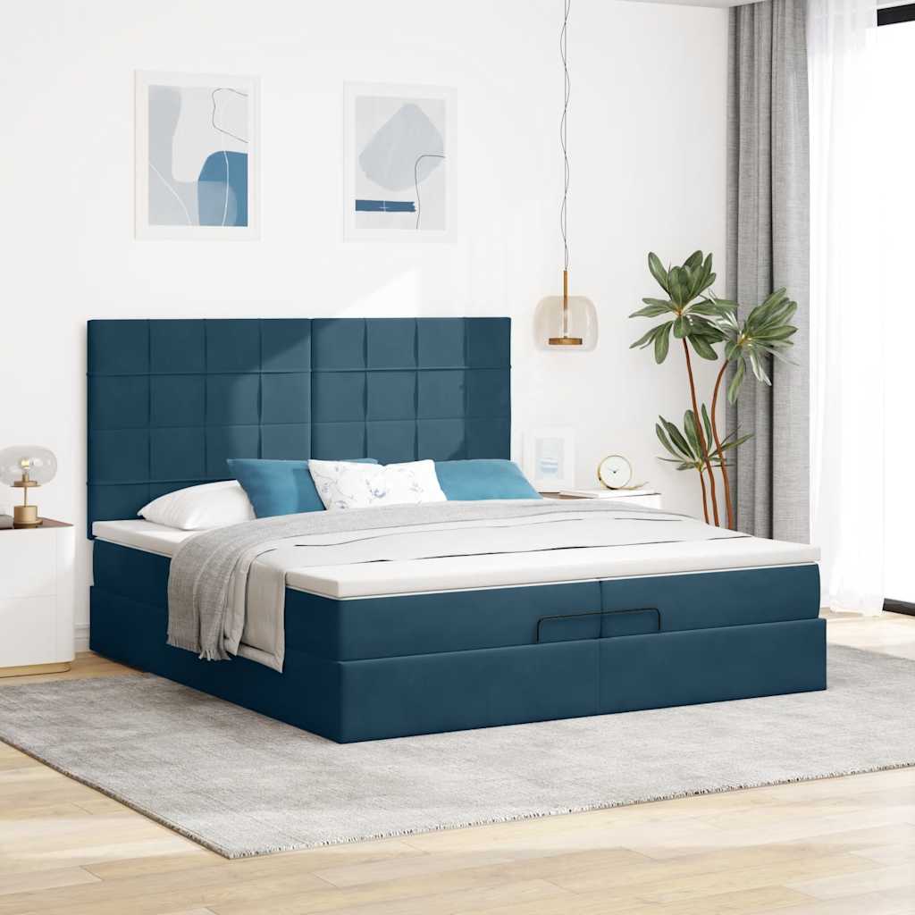 Cama otomana com colchões/leds 200x200 cm veludo azul-escuro