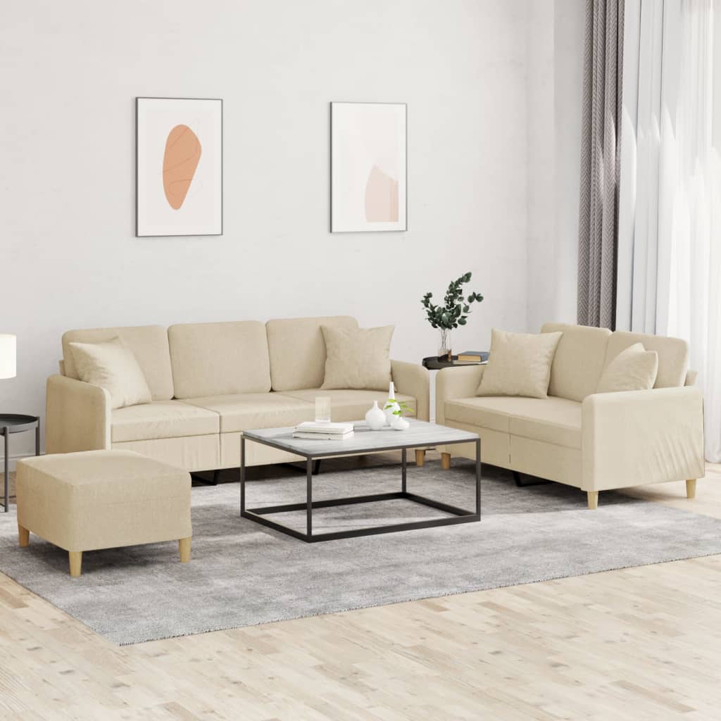 3 Pcs conjunto de sofás com almofadas tecido cor creme
