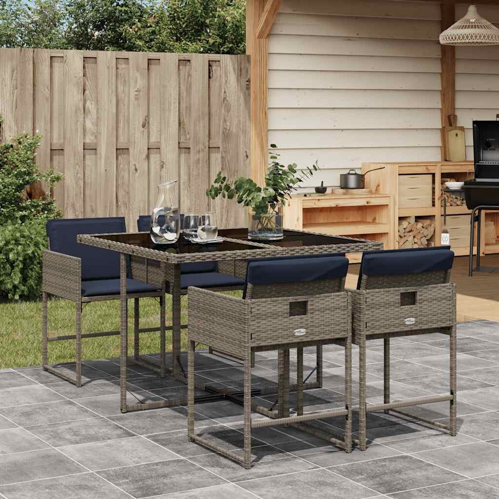 Conjunto de jantar para jardim de 5 peças com almofadas, em rattan sintético cinza