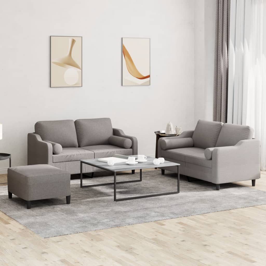3 Pcs conjunto de sofás com almofadas tecido cinza-acastanhado