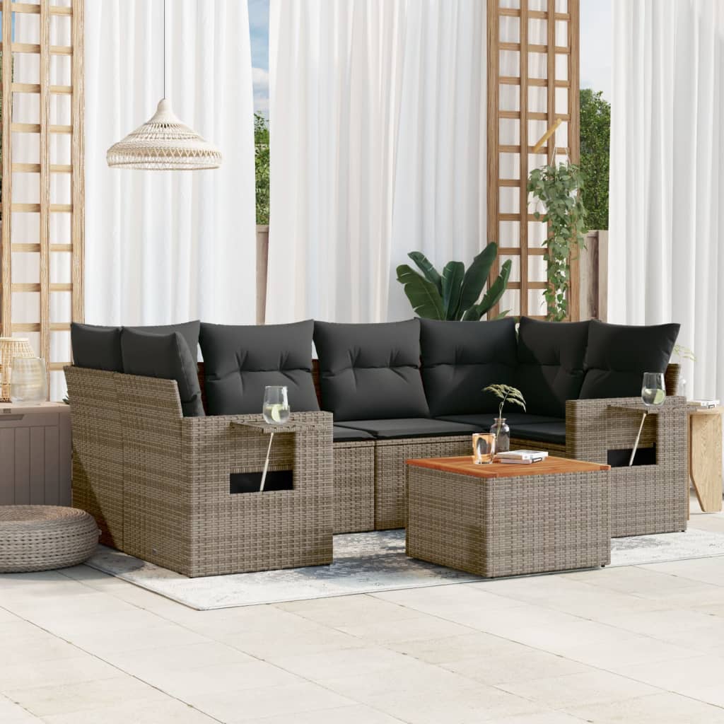 7 Pcs conjunto sofás p/ jardim c/ almofadões vime PE cinzento
