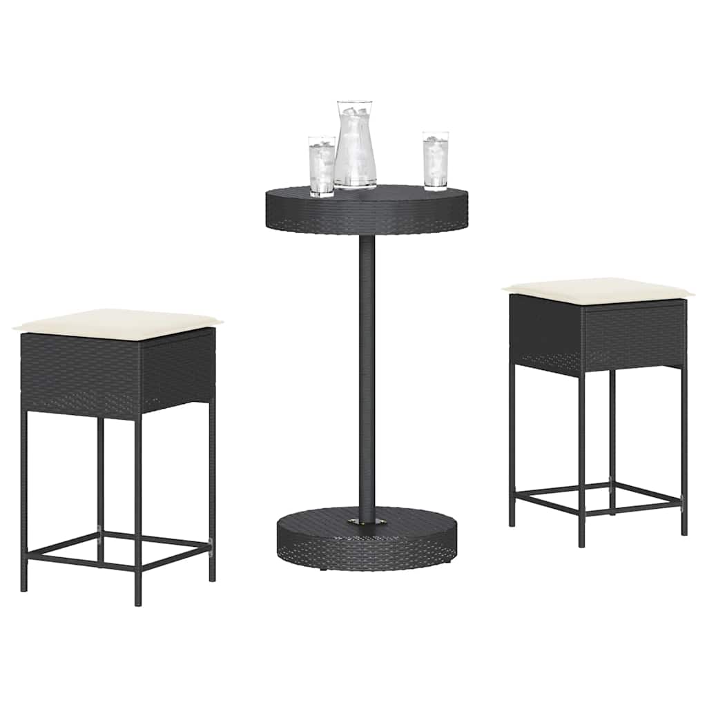 3 Pcs conjunto de bar para jardim c/ almofadões vime PE preto
