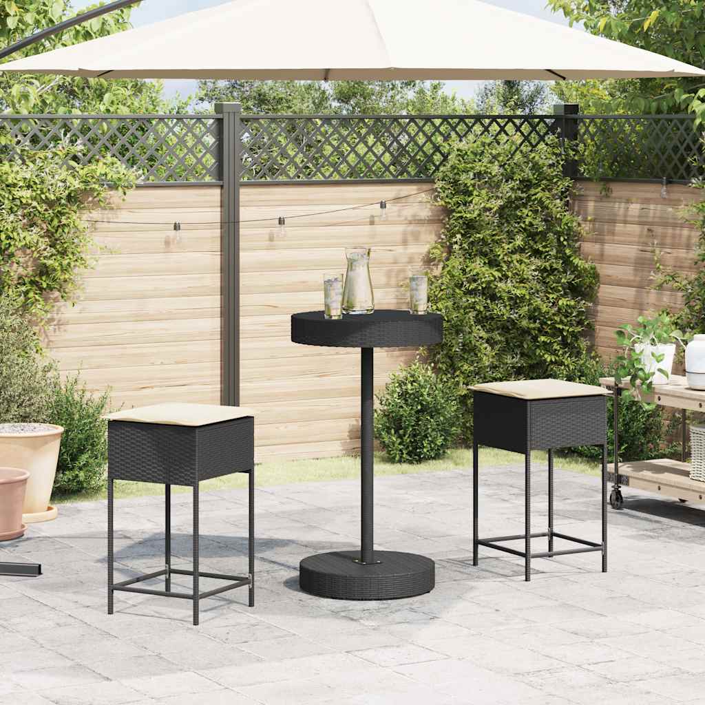 3 Pcs conjunto de bar para jardim c/ almofadões vime PE preto