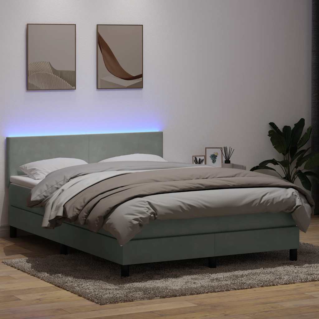 Cama box spring c/ colchão e LED 160x210 cm veludo cinzento-claro