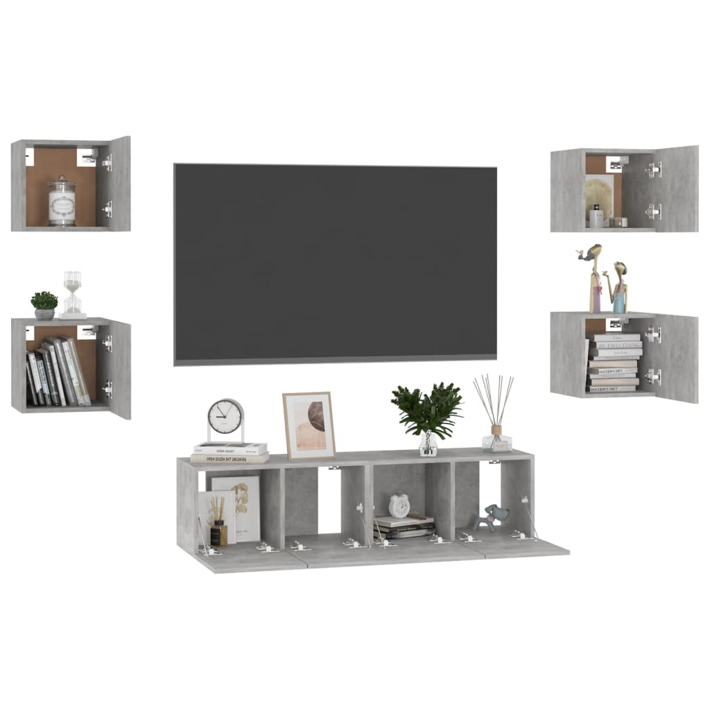 6 Pcs conjunto de móveis de TV contraplacado cinzento cimento