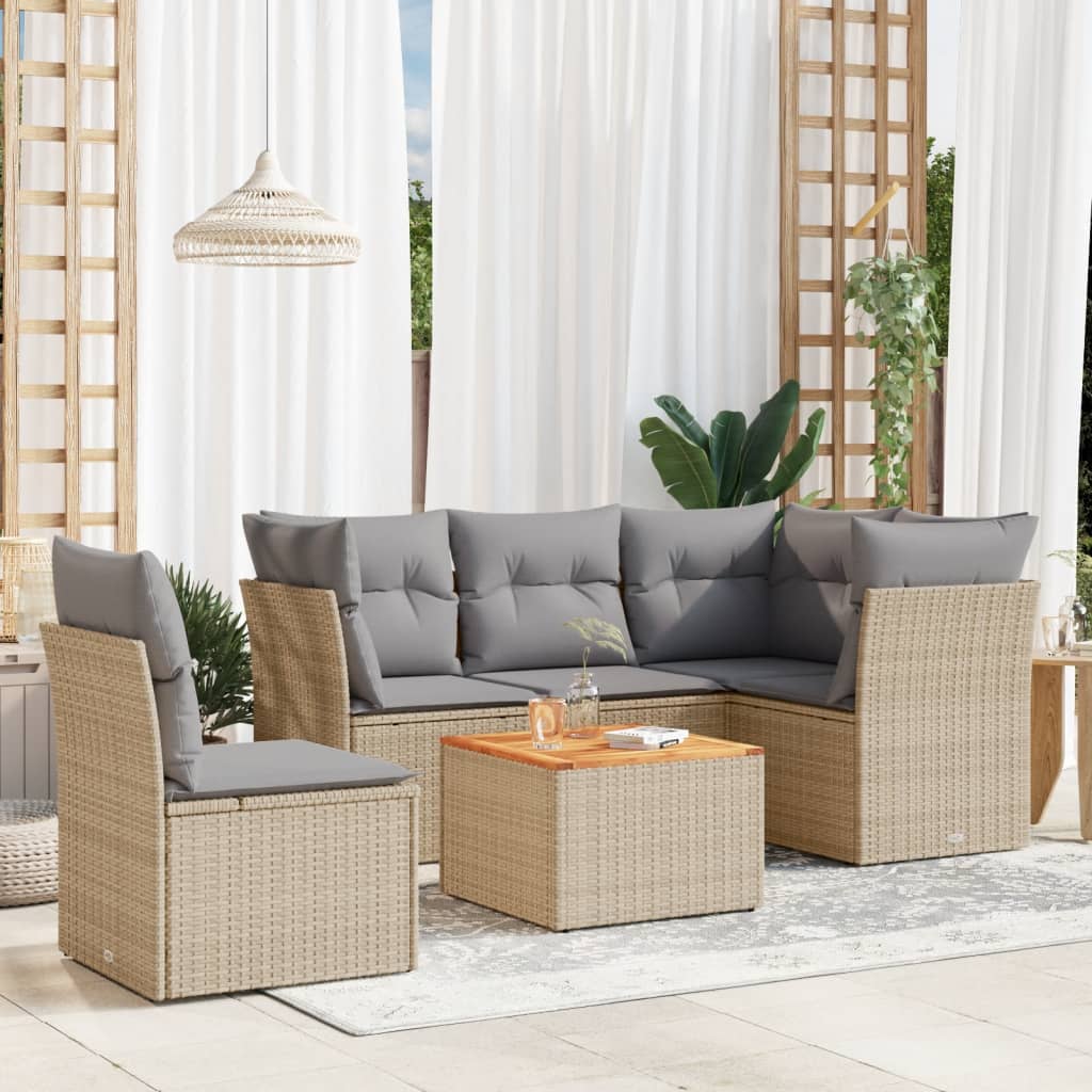 6 Pcs conjunto de sofás p/ jardim com almofadões vime PE bege