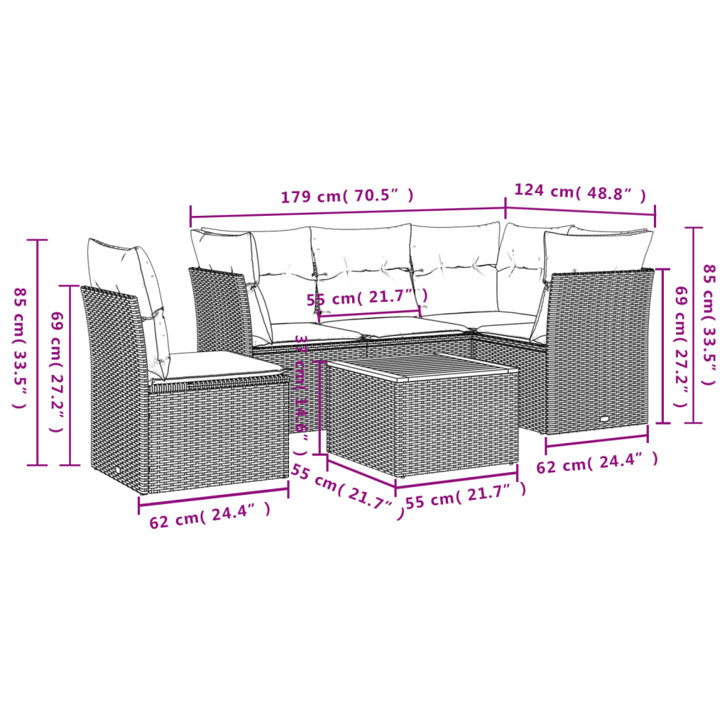 6 Pcs conjunto de sofás p/ jardim com almofadões vime PE bege