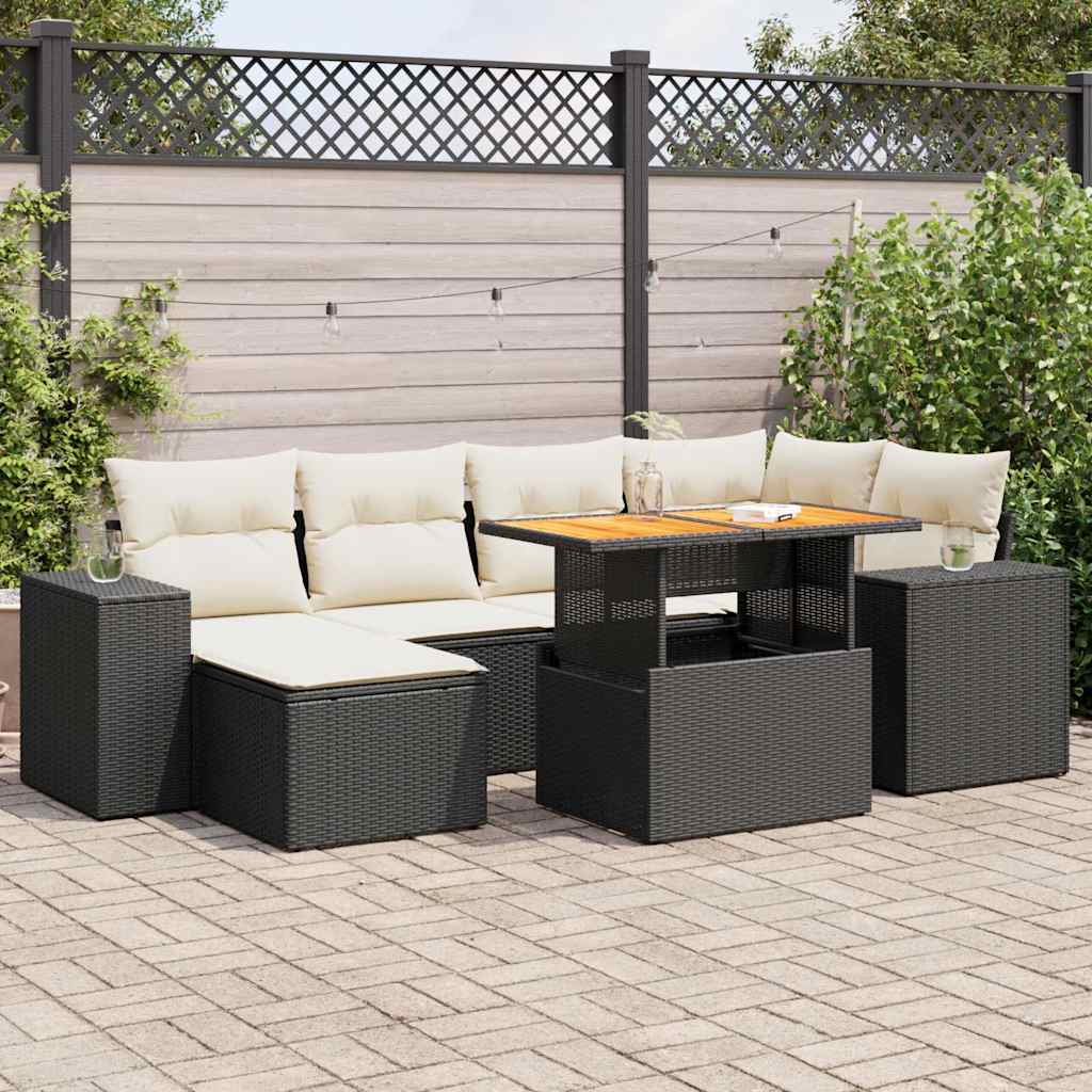 7 Pcs conjunto de sofás p/ jardim c/ almofadões vime PE preto
