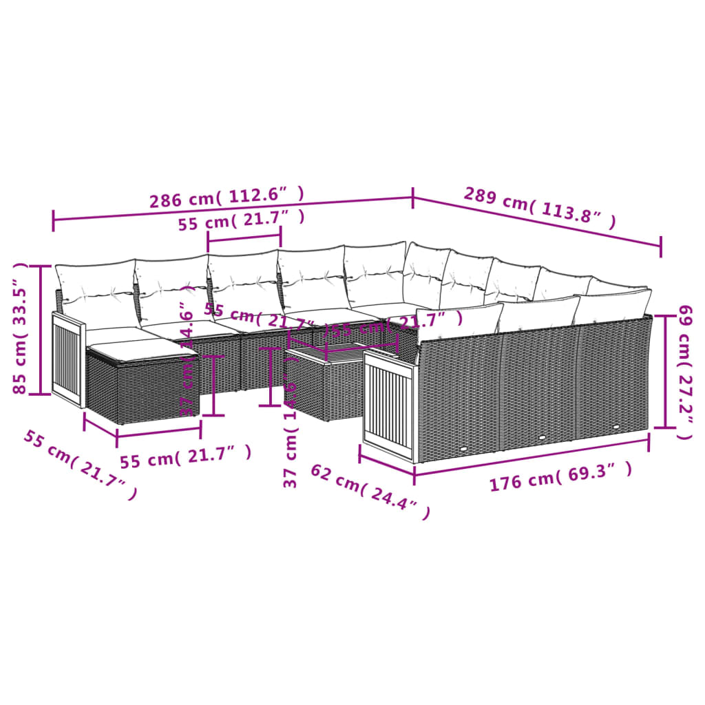 13 Pcs conjunto de sofás de jardim com almofadões vime PE preto