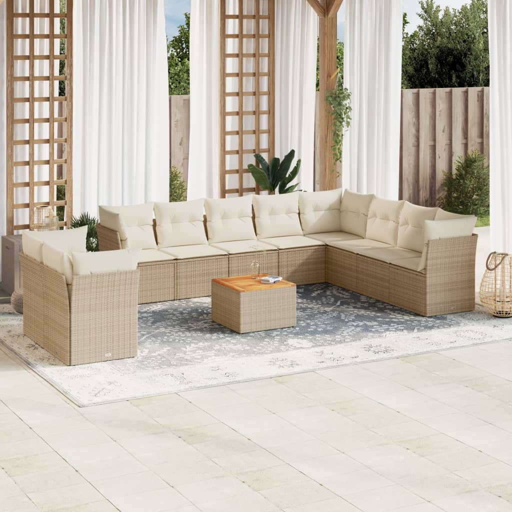 11 Pcs conjunto sofás de jardim c/ almofadões vime PE bege