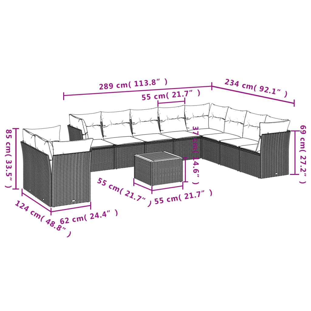 11 Pcs conjunto sofás de jardim c/ almofadões vime PE bege