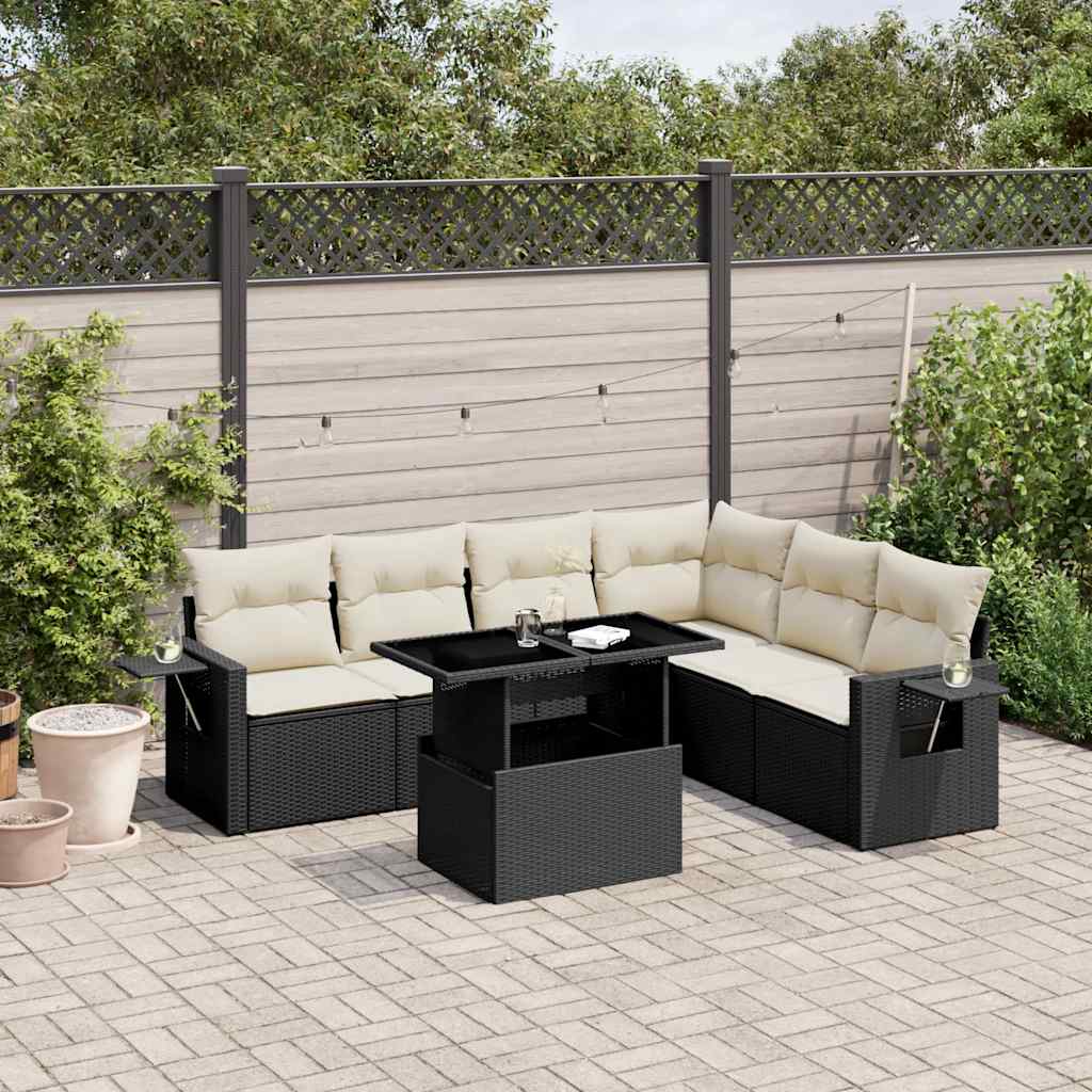 7 Pcs conjunto de sofás p/ jardim c/ almofadões vime PE preto