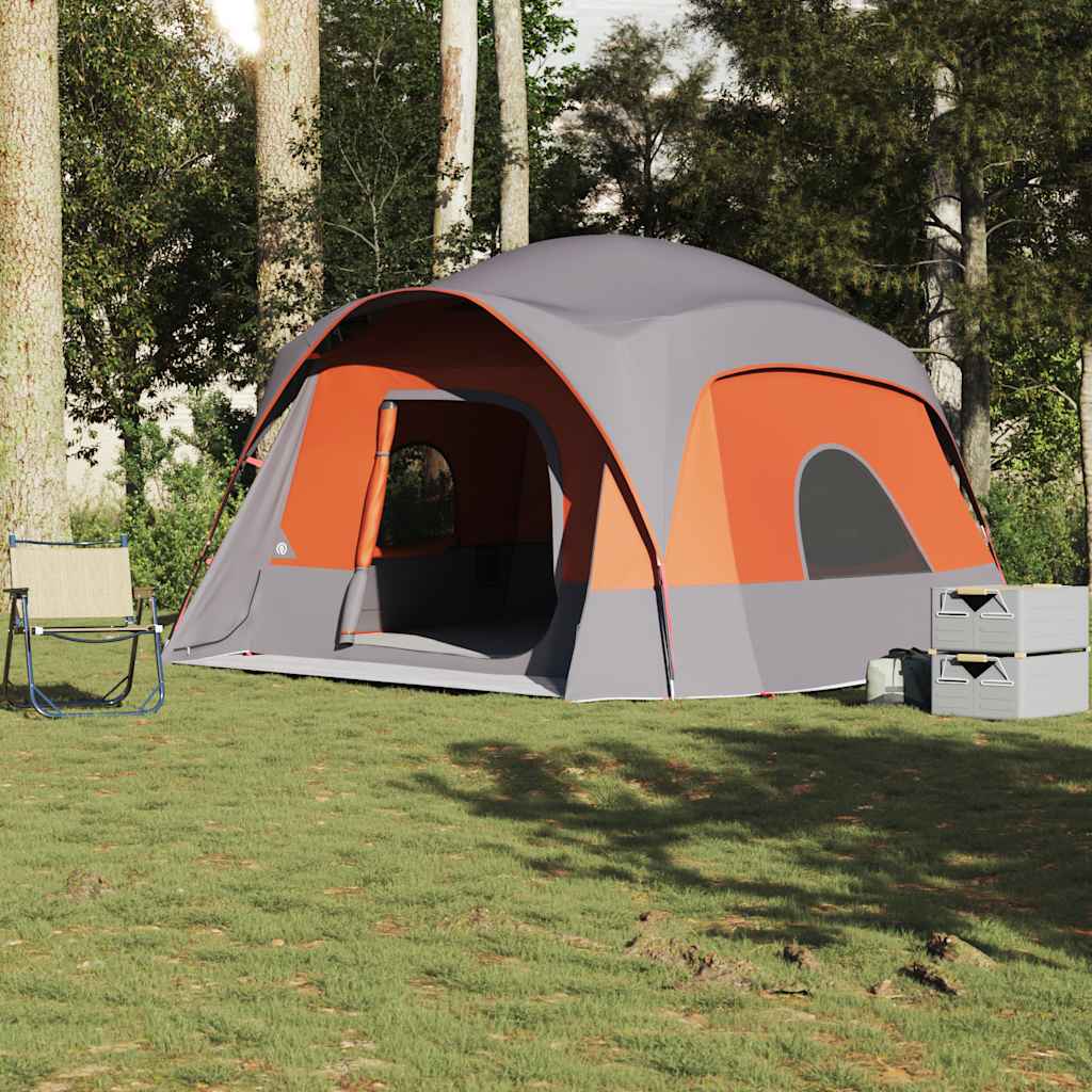 Tenda familiar estilo cabana 6 pessoas imperm. cinza/laranja