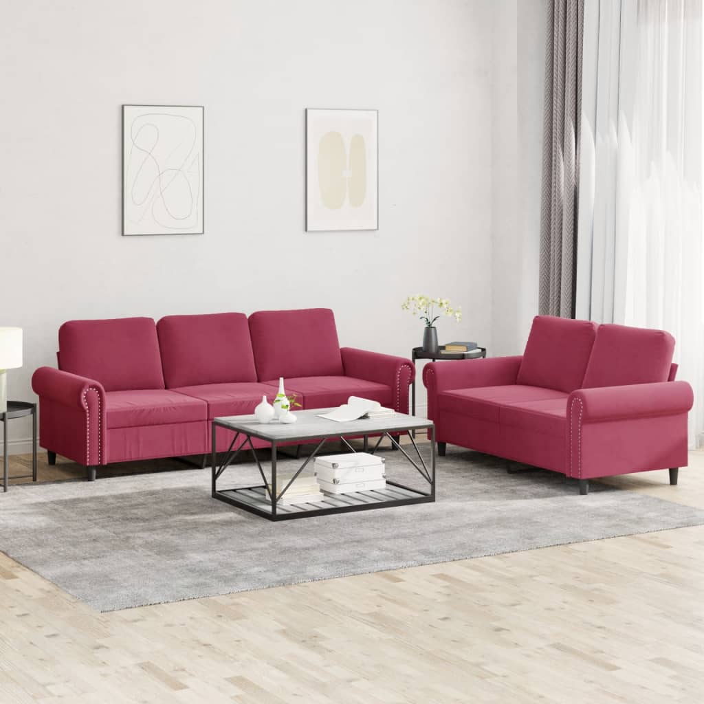2 Pcs conjunto de sofás com almofadões veludo vermelho tinto