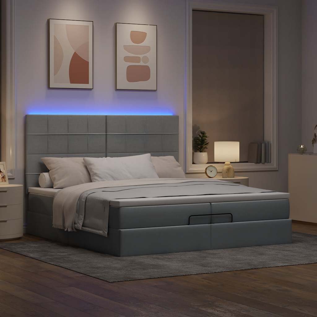 Estrutura de cama otomana com colchões tecido cinzento claro