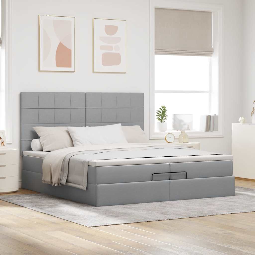 Estrutura de cama otomana com colchões tecido cinzento claro