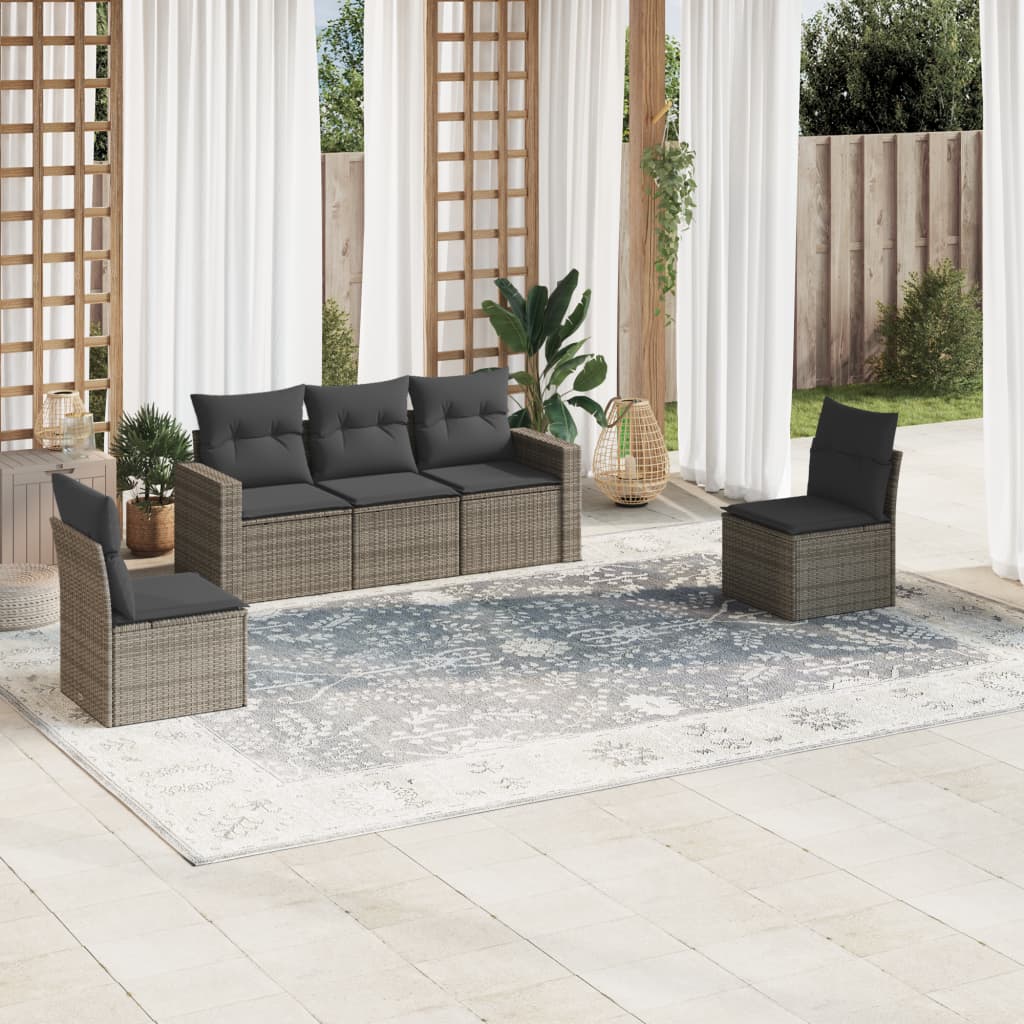 5 Pcs conjunto sofás de jardim c/ almofadões vime PE cinzento