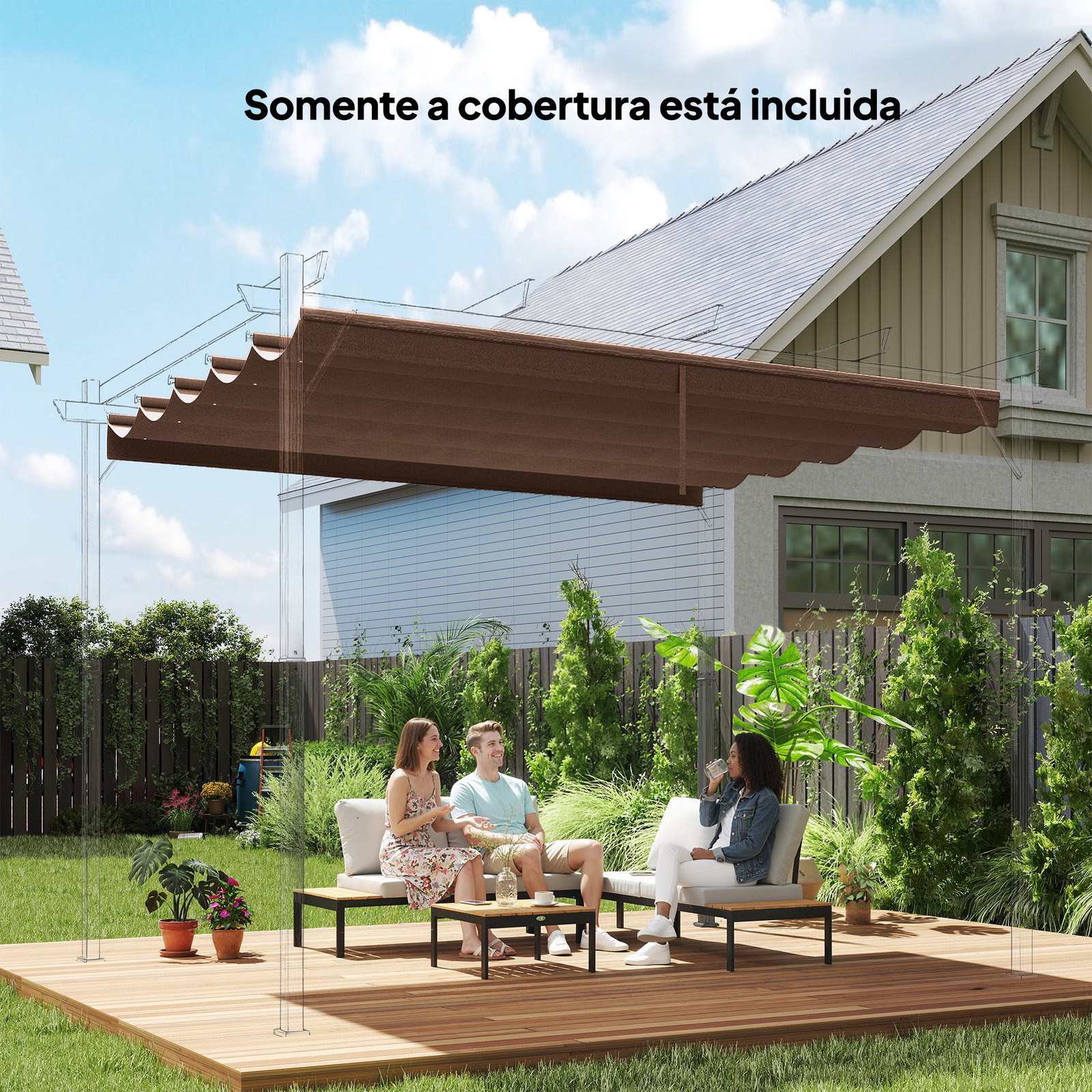 Cobertura para pérgola 3,5x2,5 m teto de substituição retrátil para pérgola com 10 orifícios de drenagem café
