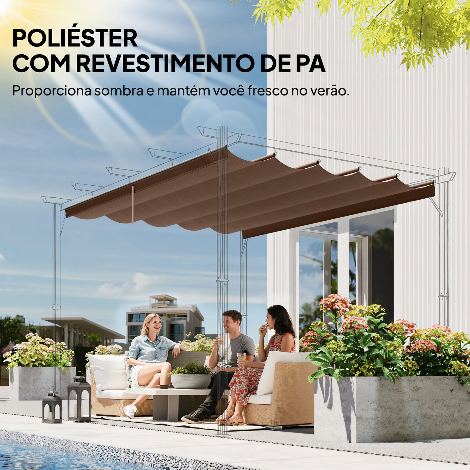 Cobertura para pérgola 3,5x2,5 m teto de substituição retrátil para pérgola com 10 orifícios de drenagem café