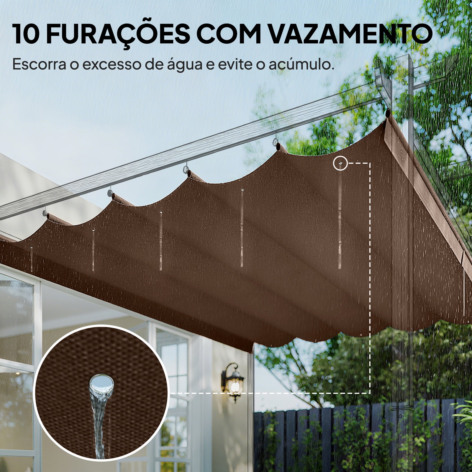 Cobertura para pérgola 3,5x2,5 m teto de substituição retrátil para pérgola com 10 orifícios de drenagem café