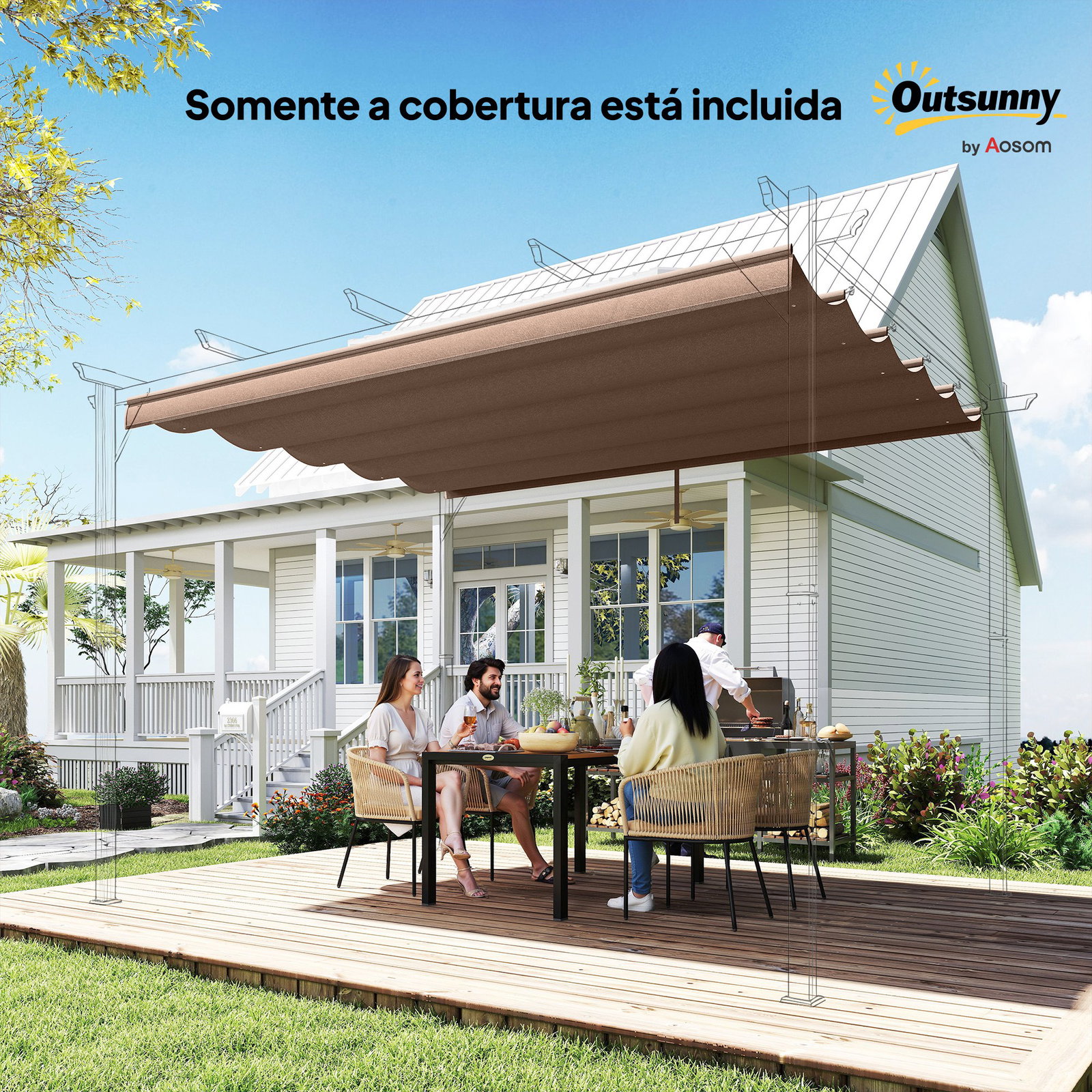 Cobertura para pérgola 3,5x2,5 m teto de substituição retrátil para pérgola com 10 orifícios de drenagem café
