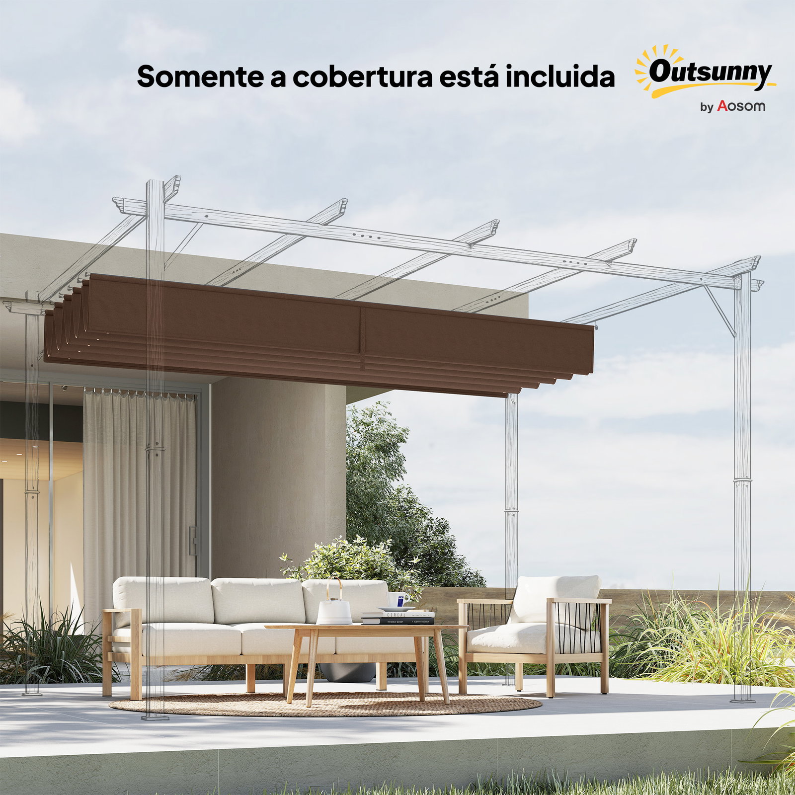 Cobertura para pérgola 3,5x2,5 m teto de substituição retrátil para pérgola com 10 orifícios de drenagem café