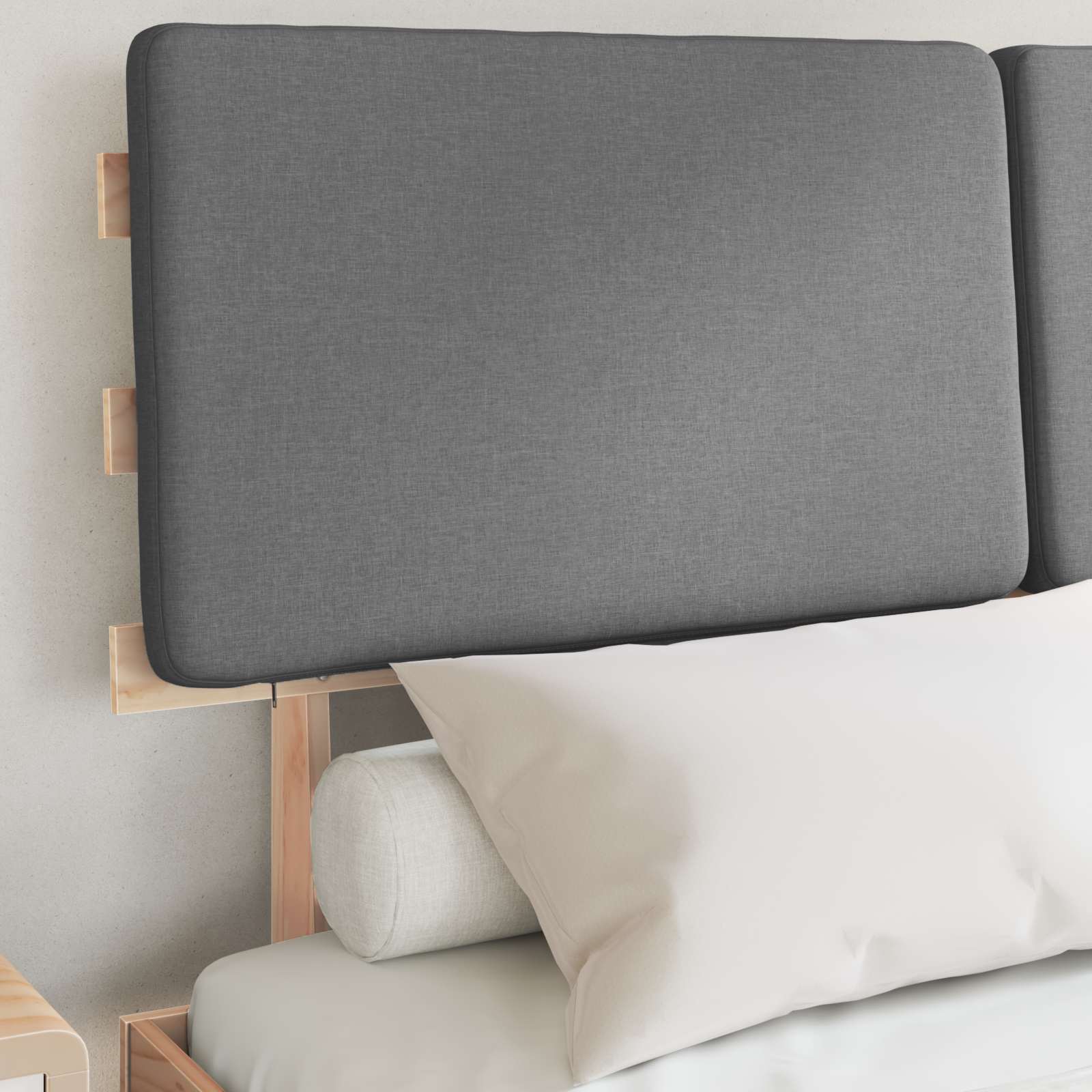 Estrutura de cama com cabeceira estofada cinzento-claro