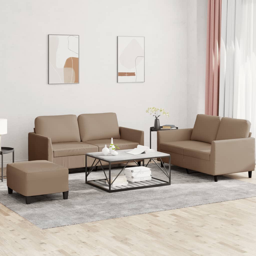3 Pcs conjunto sofás c/ almofadões couro artificial cappuccino