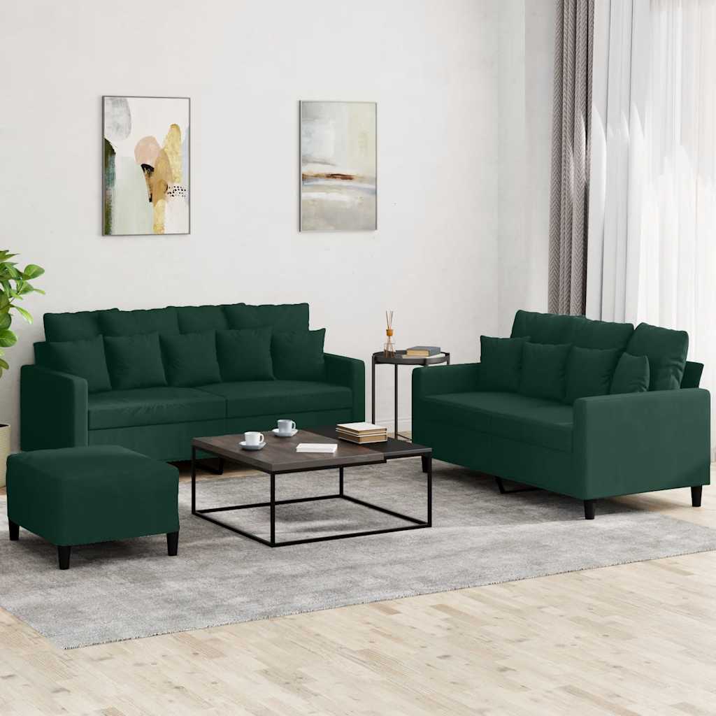 3 Pcs conjunto de sofás com almofadões veludo verde-escuro