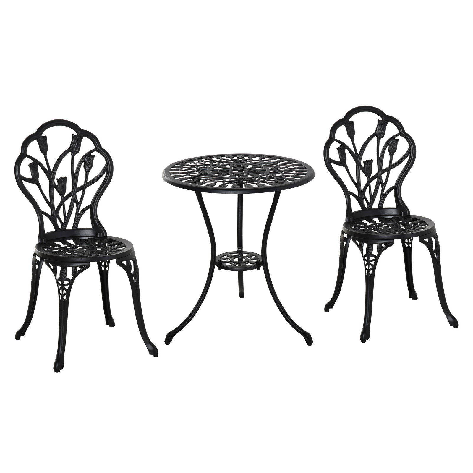 Conjunto de mesa e cadeiras de exterior 3 peças de alumínio com encosto com padrão de tulipa e mesa com orifício para chapéu de sol preto