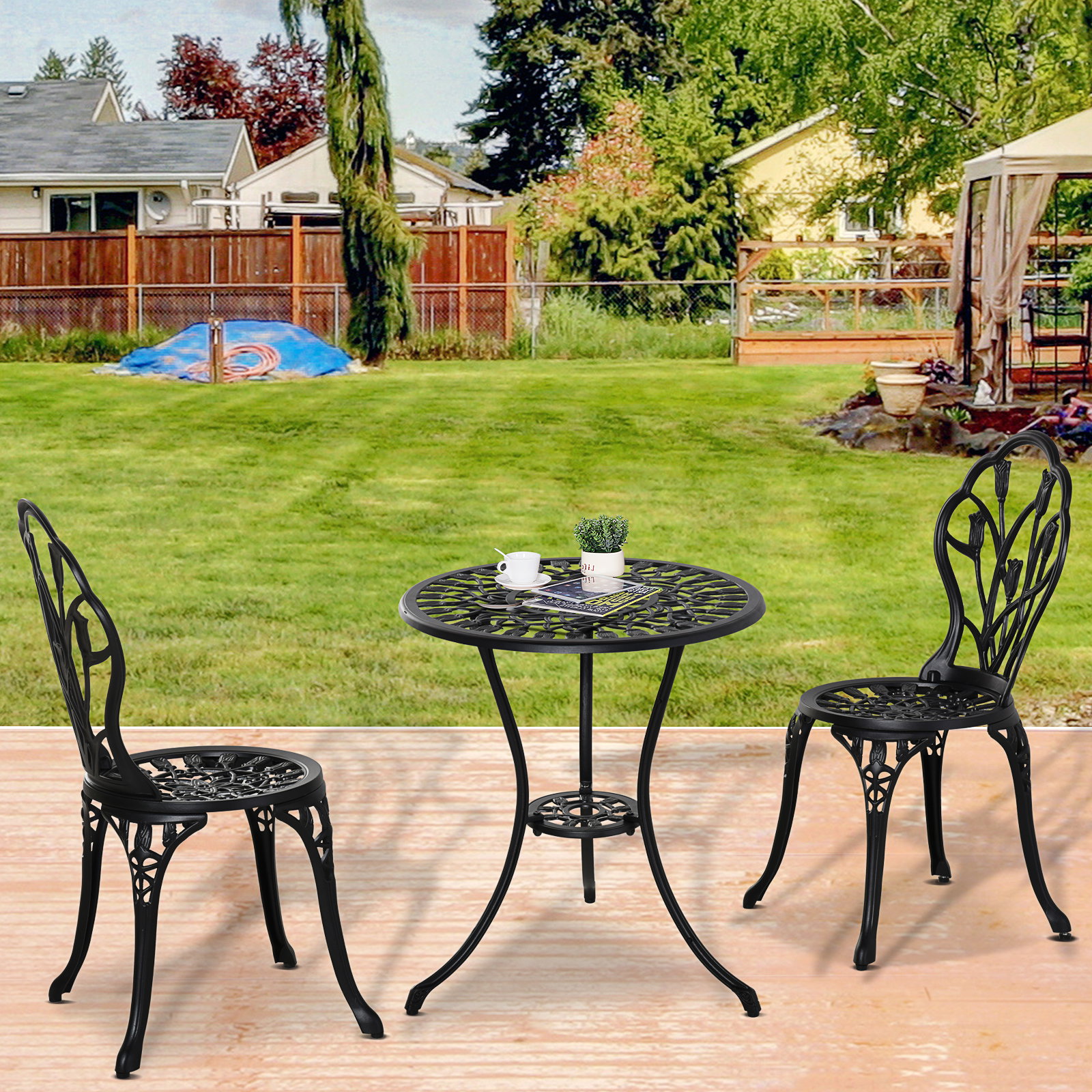 Conjunto de mesa e cadeiras de exterior 3 peças de alumínio com encosto com padrão de tulipa e mesa com orifício para chapéu de sol preto