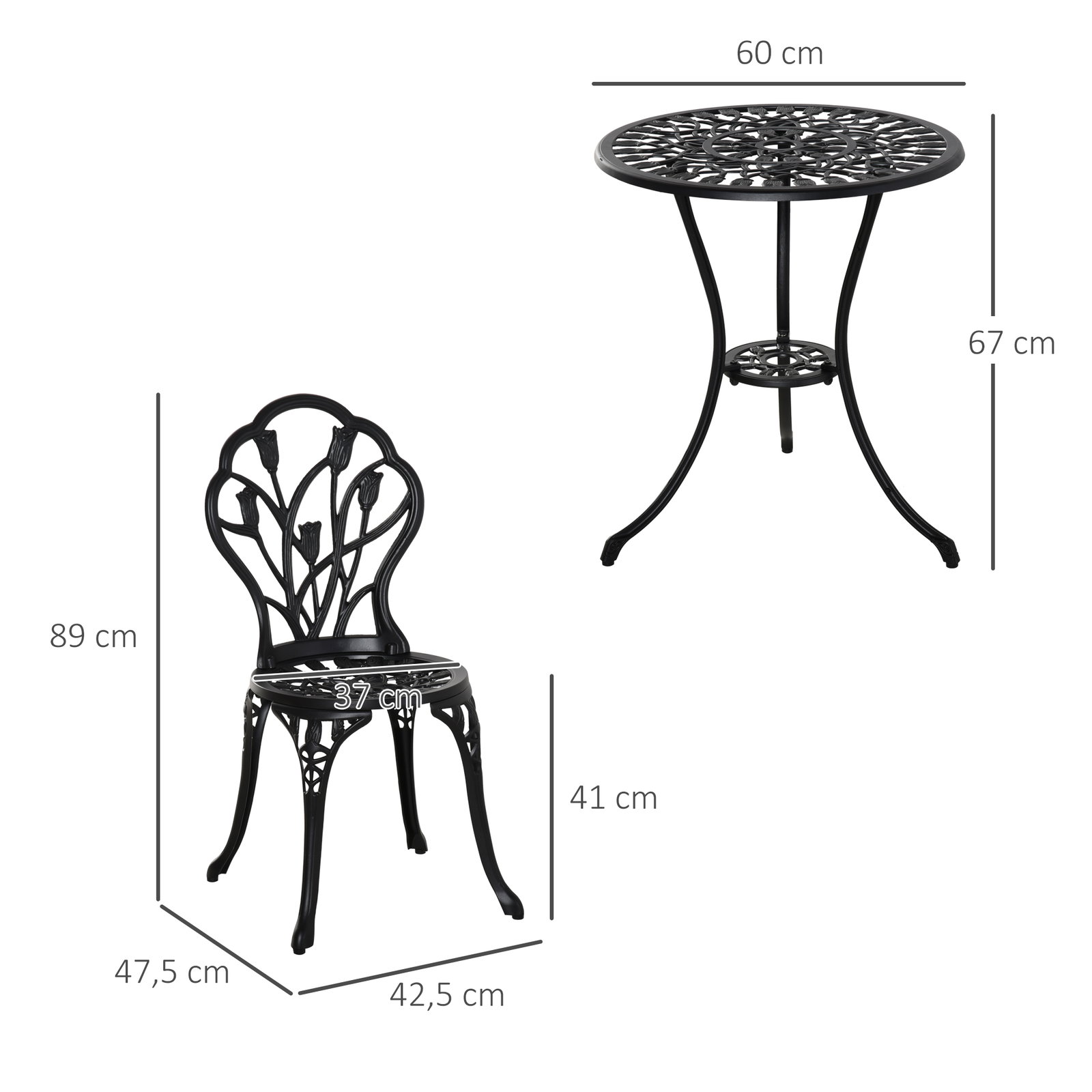 Conjunto de mesa e cadeiras de exterior 3 peças de alumínio com encosto com padrão de tulipa e mesa com orifício para chapéu de sol preto