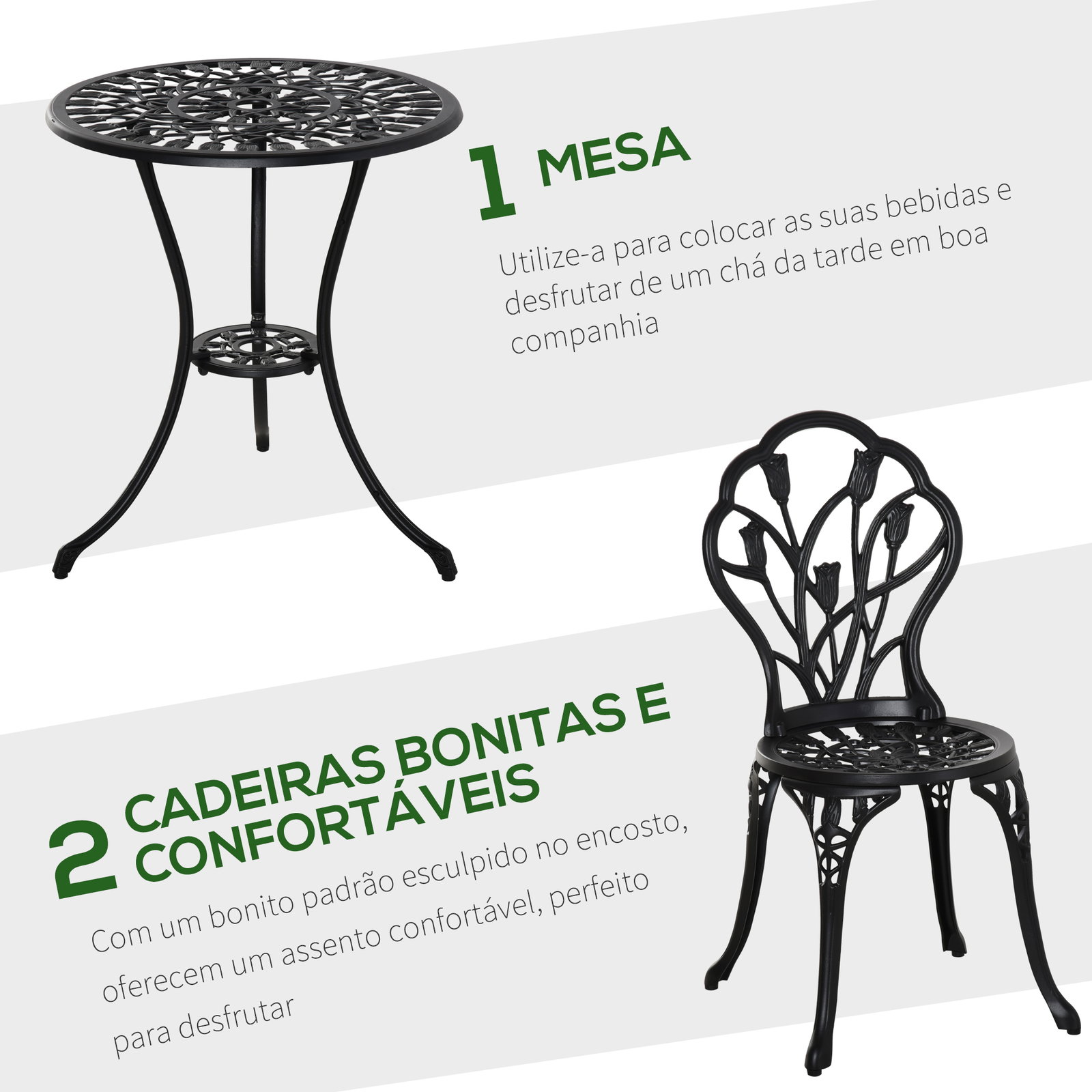 Conjunto de mesa e cadeiras de exterior 3 peças de alumínio com encosto com padrão de tulipa e mesa com orifício para chapéu de sol preto