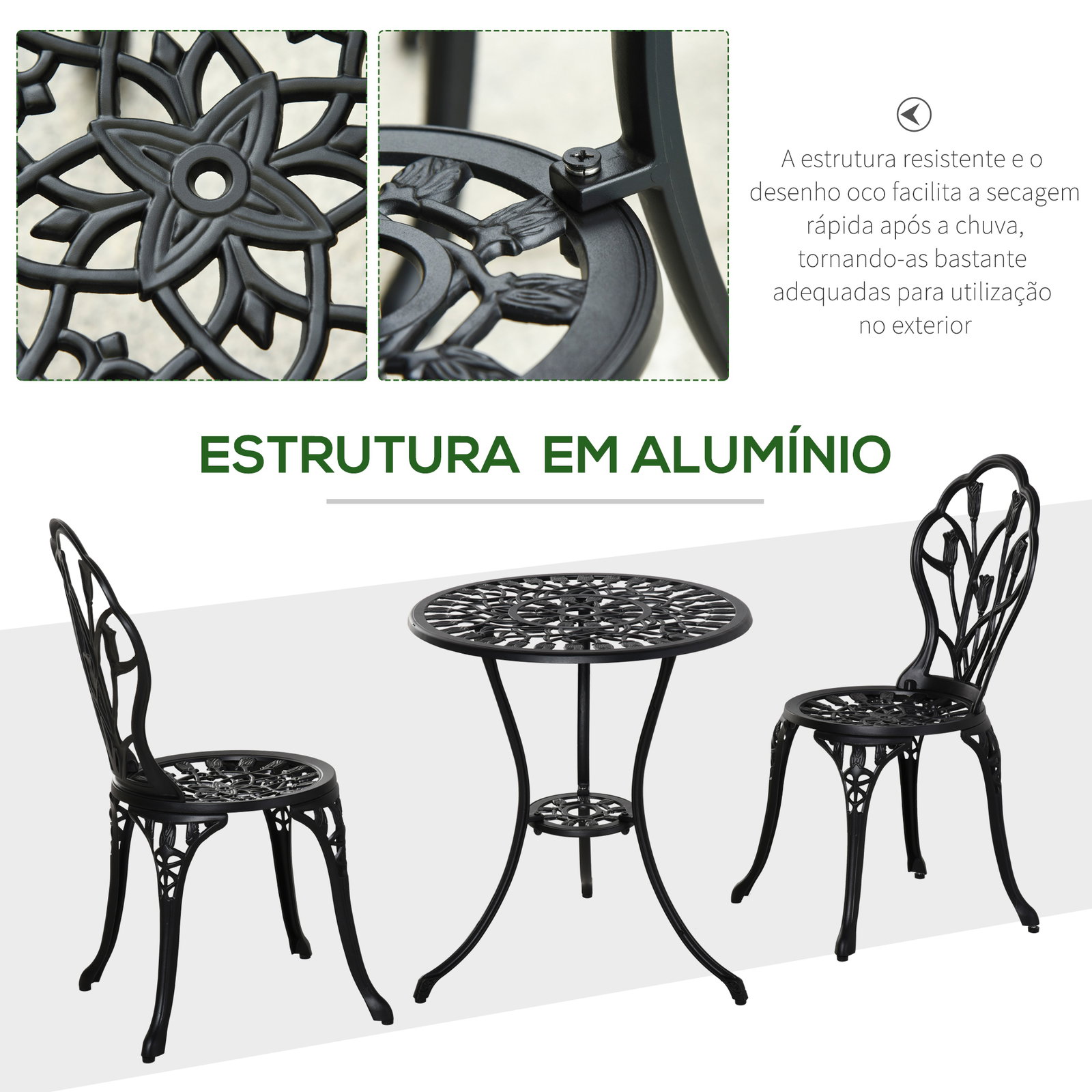 Conjunto de mesa e cadeiras de exterior 3 peças de alumínio com encosto com padrão de tulipa e mesa com orifício para chapéu de sol preto