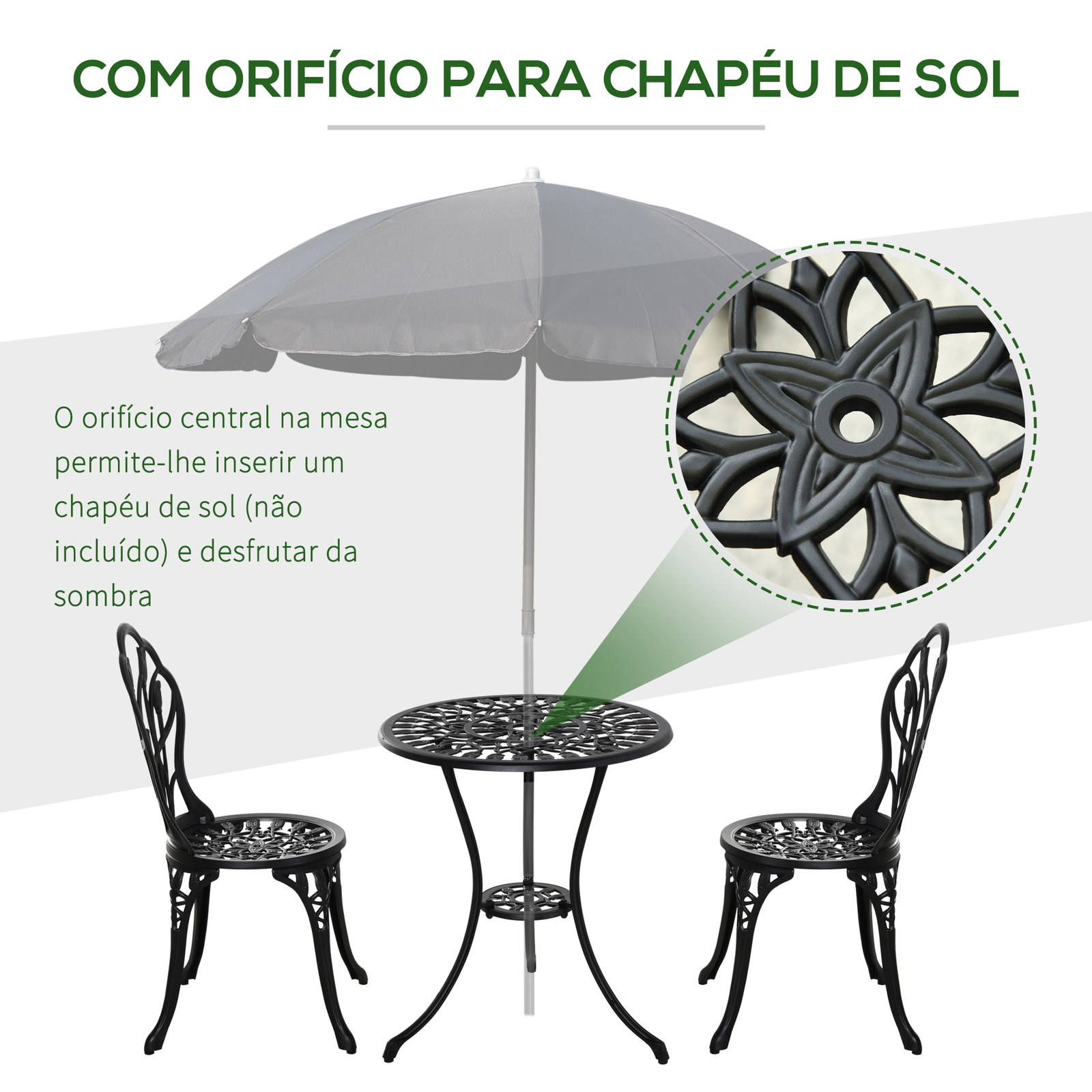 Conjunto de mesa e cadeiras de exterior 3 peças de alumínio com encosto com padrão de tulipa e mesa com orifício para chapéu de sol preto