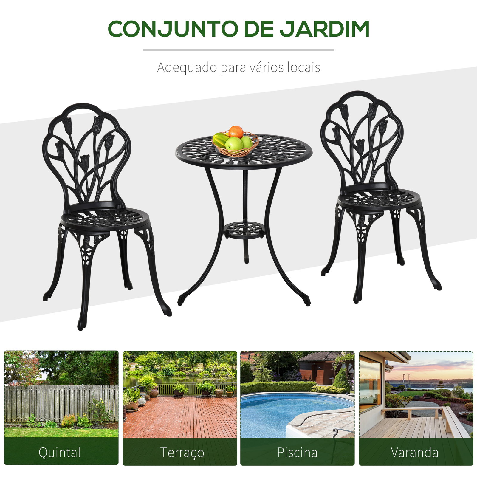 Conjunto de mesa e cadeiras de exterior 3 peças de alumínio com encosto com padrão de tulipa e mesa com orifício para chapéu de sol preto