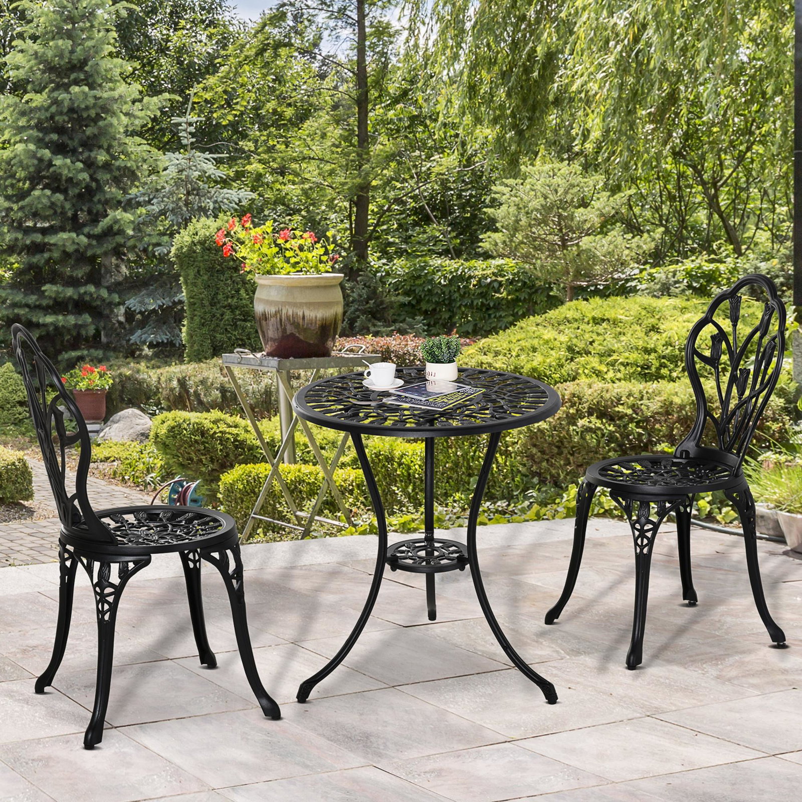 Conjunto de mesa e cadeiras de exterior 3 peças de alumínio com encosto com padrão de tulipa e mesa com orifício para chapéu de sol preto